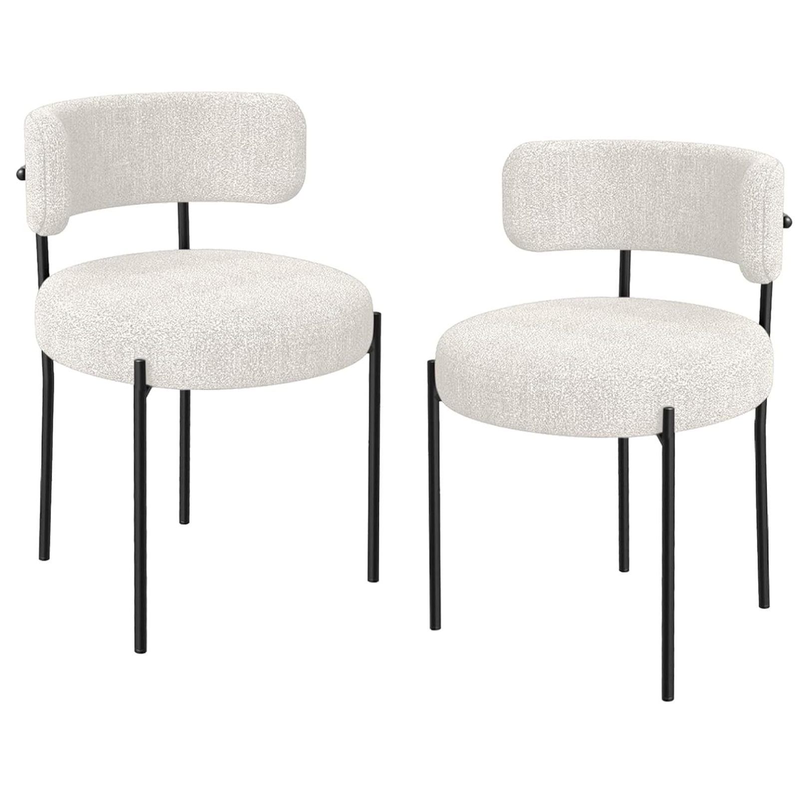 Set of 2 White Boucle Upholstered Dining Chairs with Metal Legs