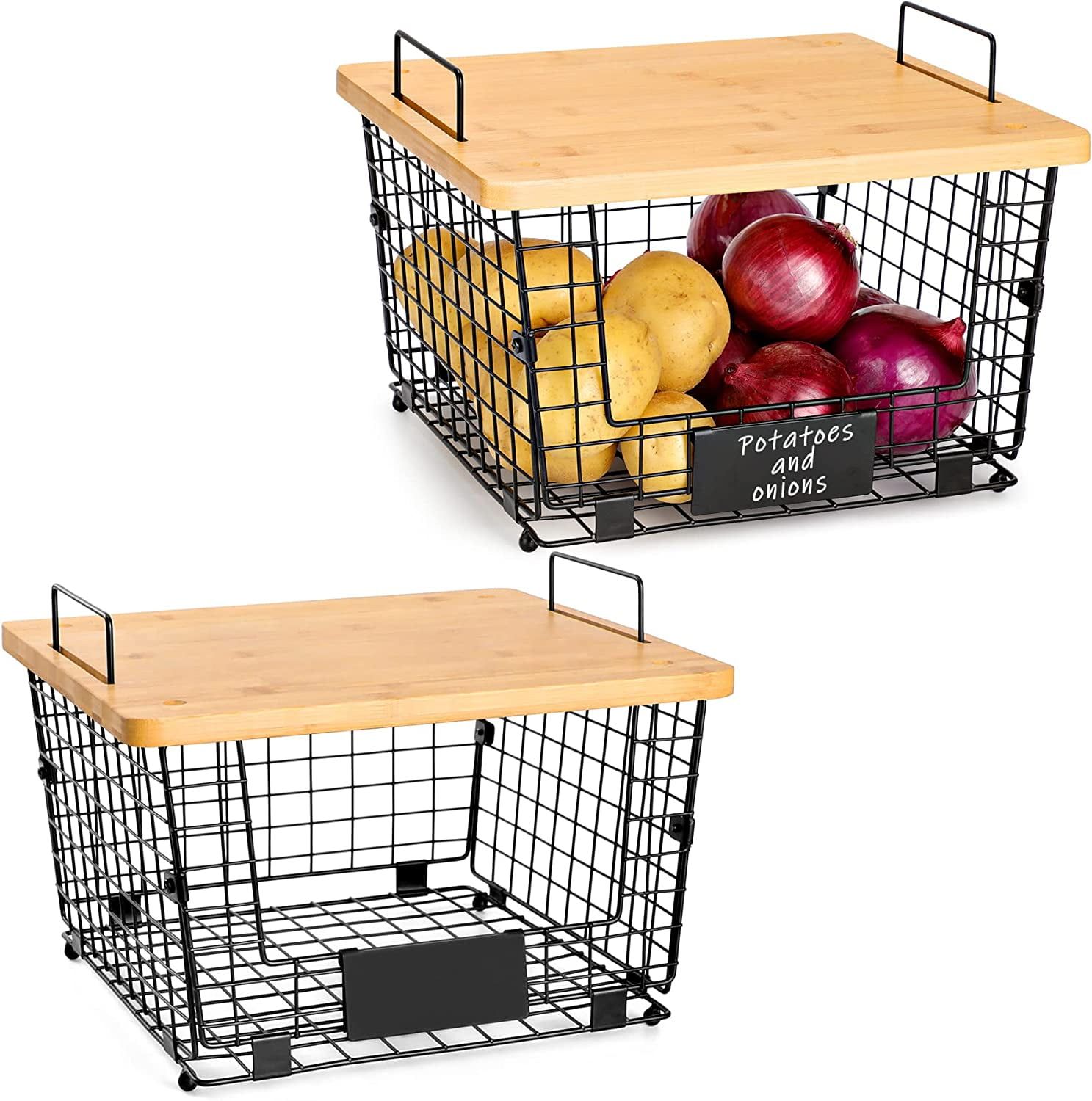 Black Stackable Wire Baskets with Bamboo Top, Set of 2