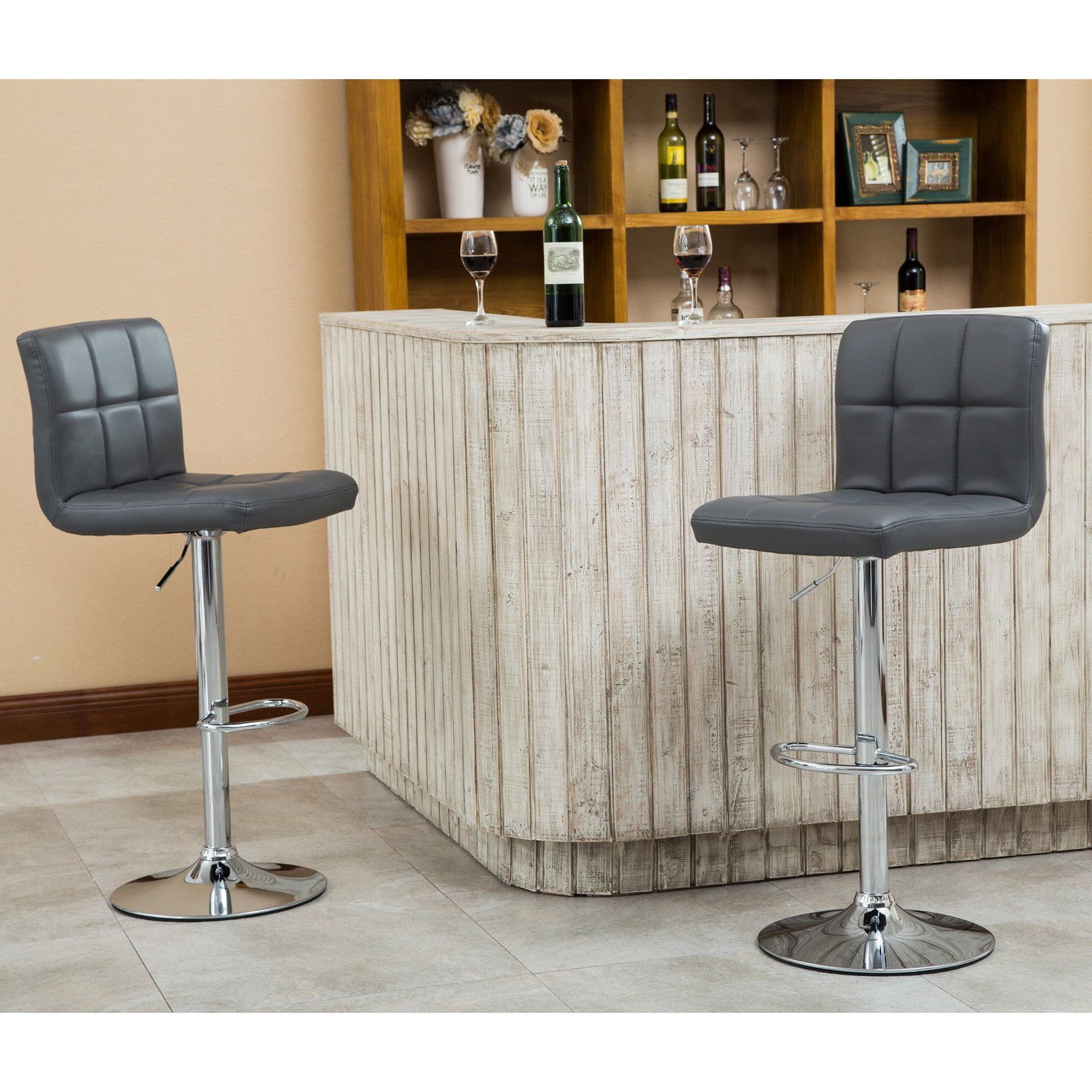 Gray Adjustable Swivel Faux Leather Bar Stools, Set of 2