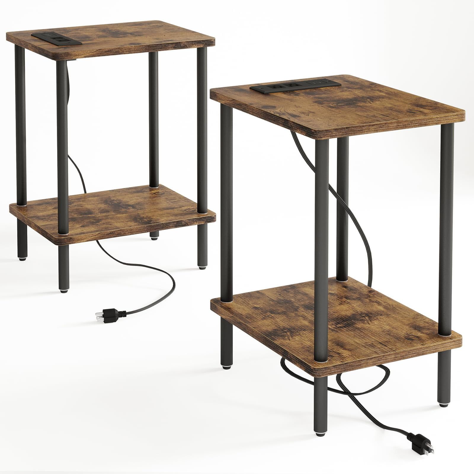 Rustic Brown and Black 2-Tier Wood and Metal Nightstand Set with Charging Station