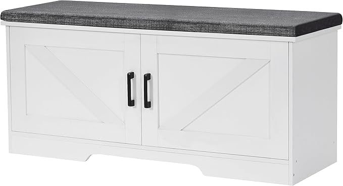 White 2-Tier Storage Bench with Padded Seat and Barn Doors