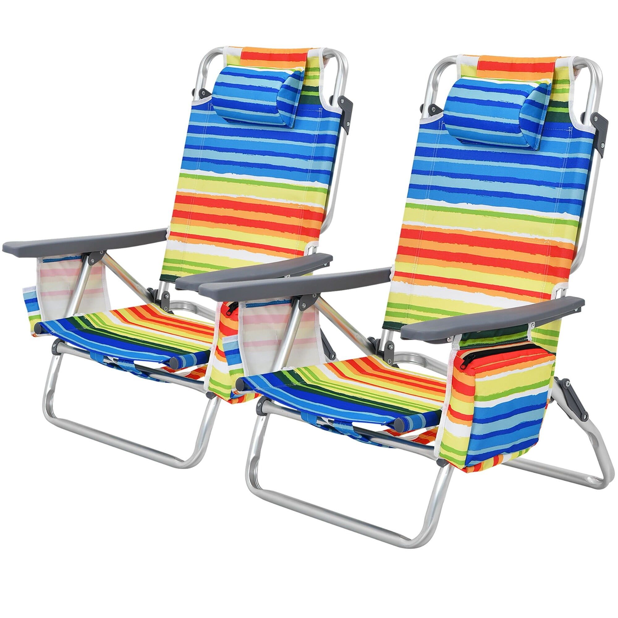 Multicolor Striped Aluminum Folding Beach Chairs with Head Pillow