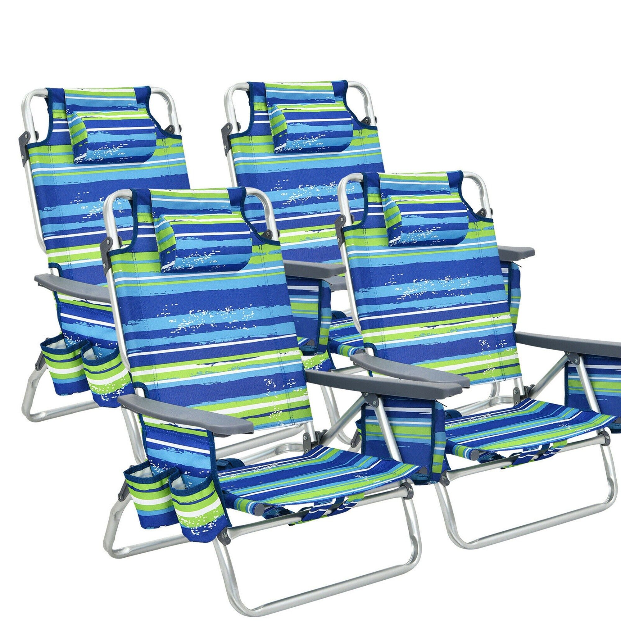Set of 4 Blue Striped Aluminum Folding Beach Chairs