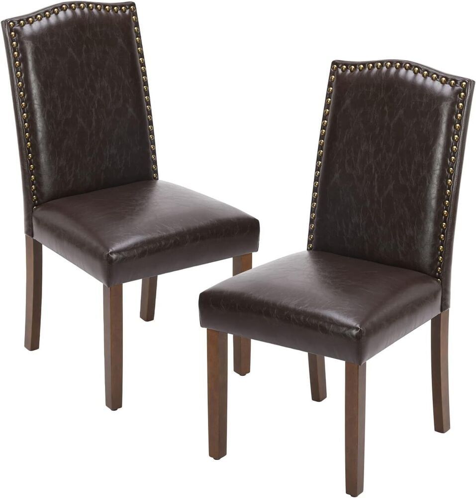 Brown Upholstered Leather Side Chair with Nailhead Trim