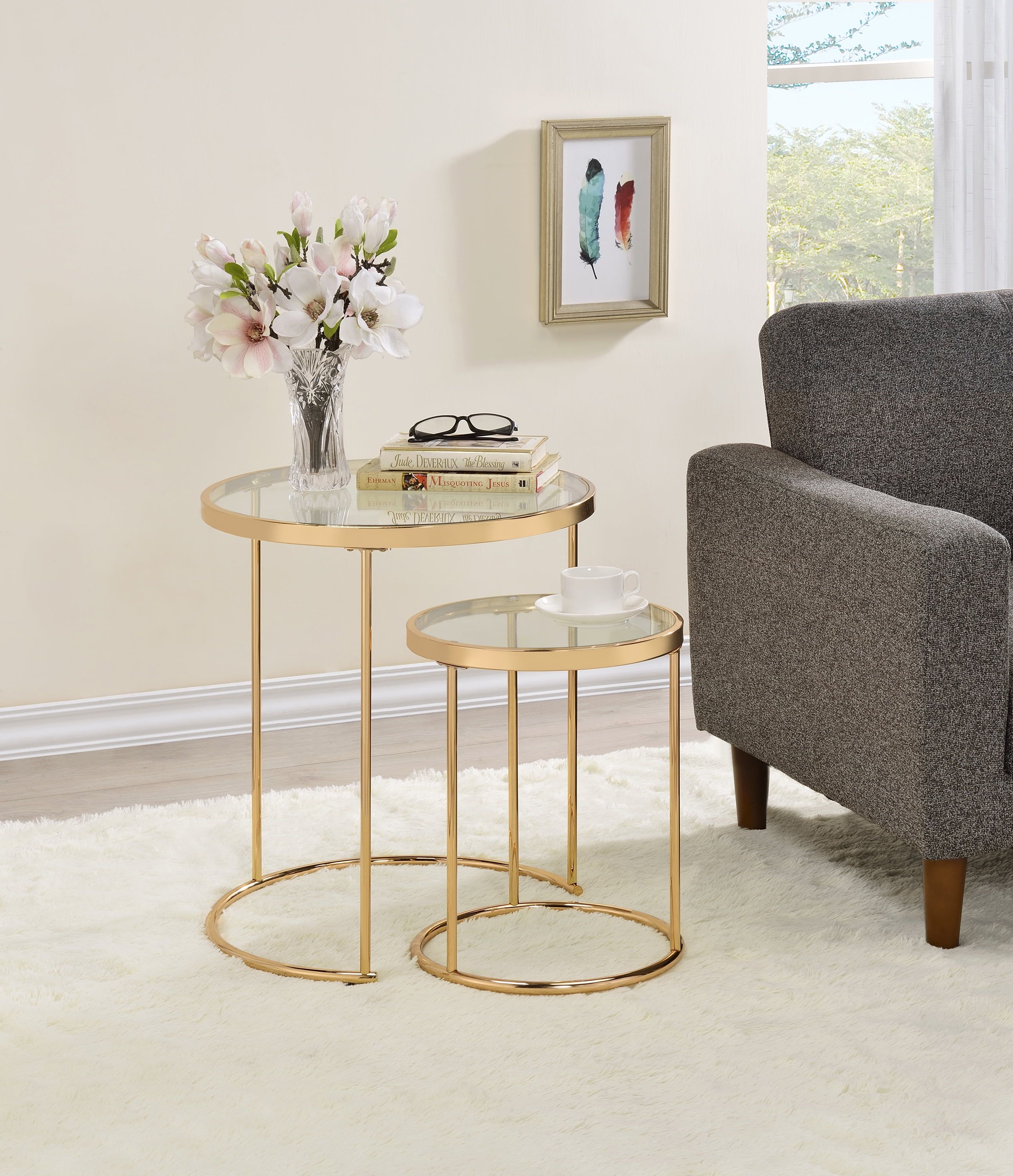 Gold Round Glass Top Nesting Tables Set