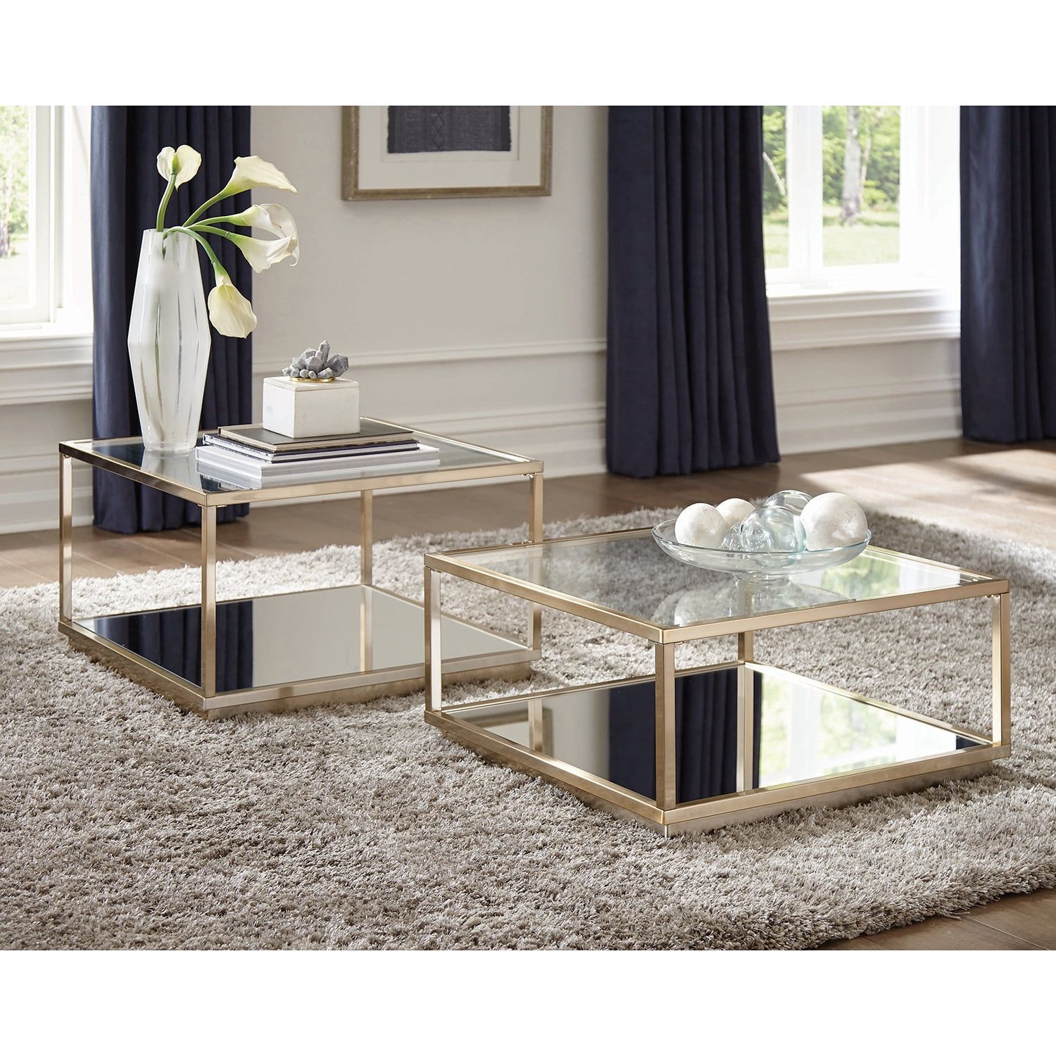 Rose Brass and Glass Square 2-Piece Coffee Table Set