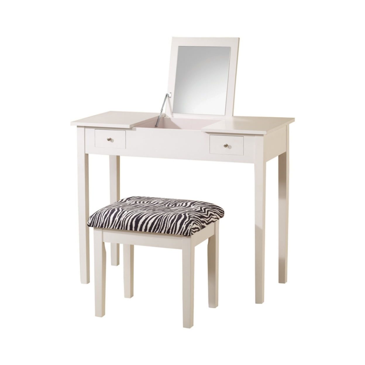 White Transitional Vanity Set with Zebra Upholstered Bench