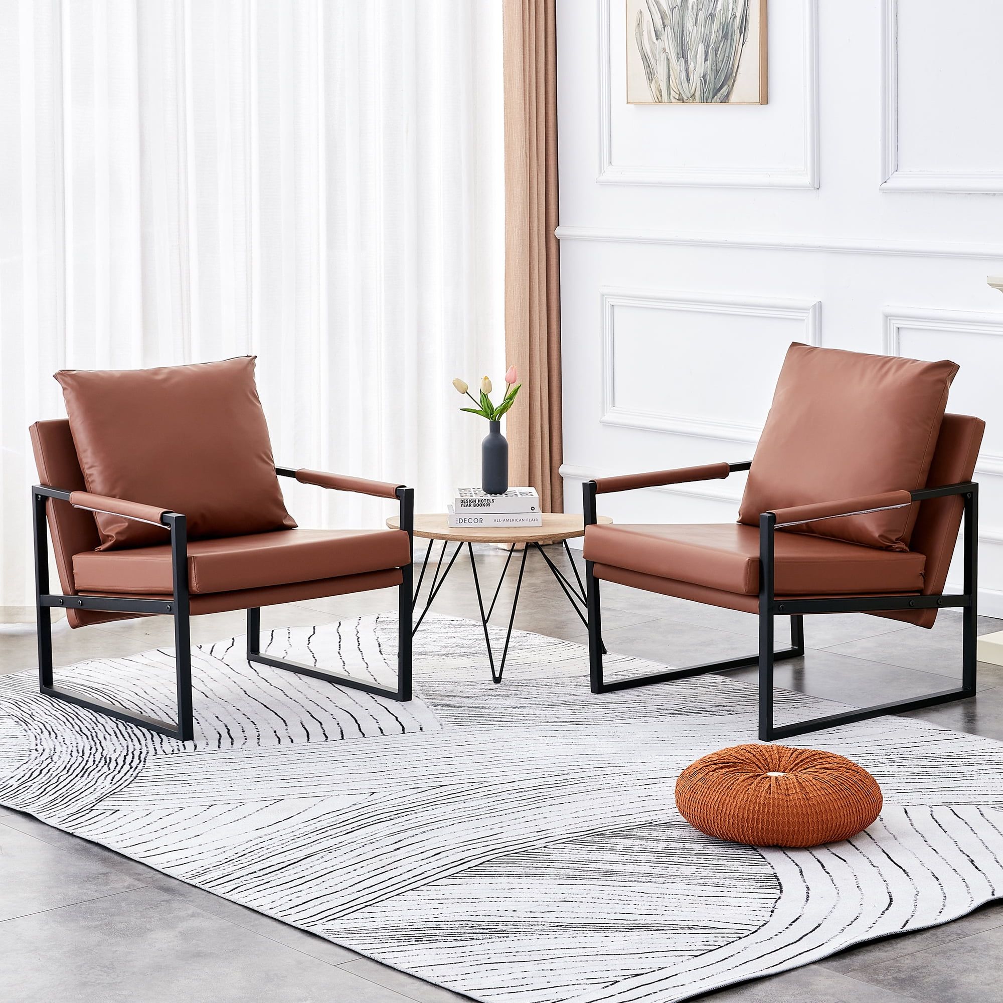 Brown Faux Leather and Metal Modern Armchair Set