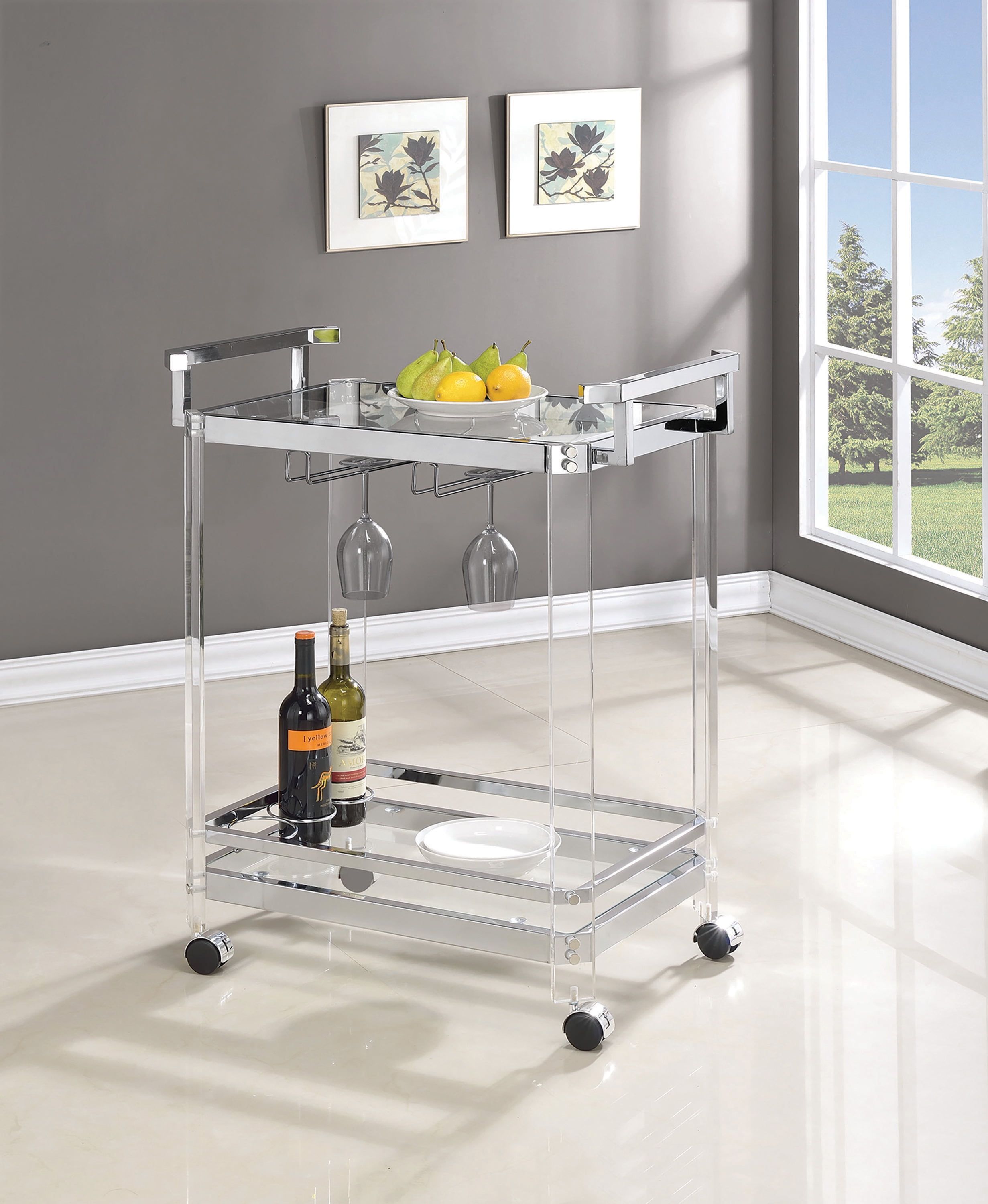 Clear and Chrome Acrylic Glass Serving Cart with Wine Rack