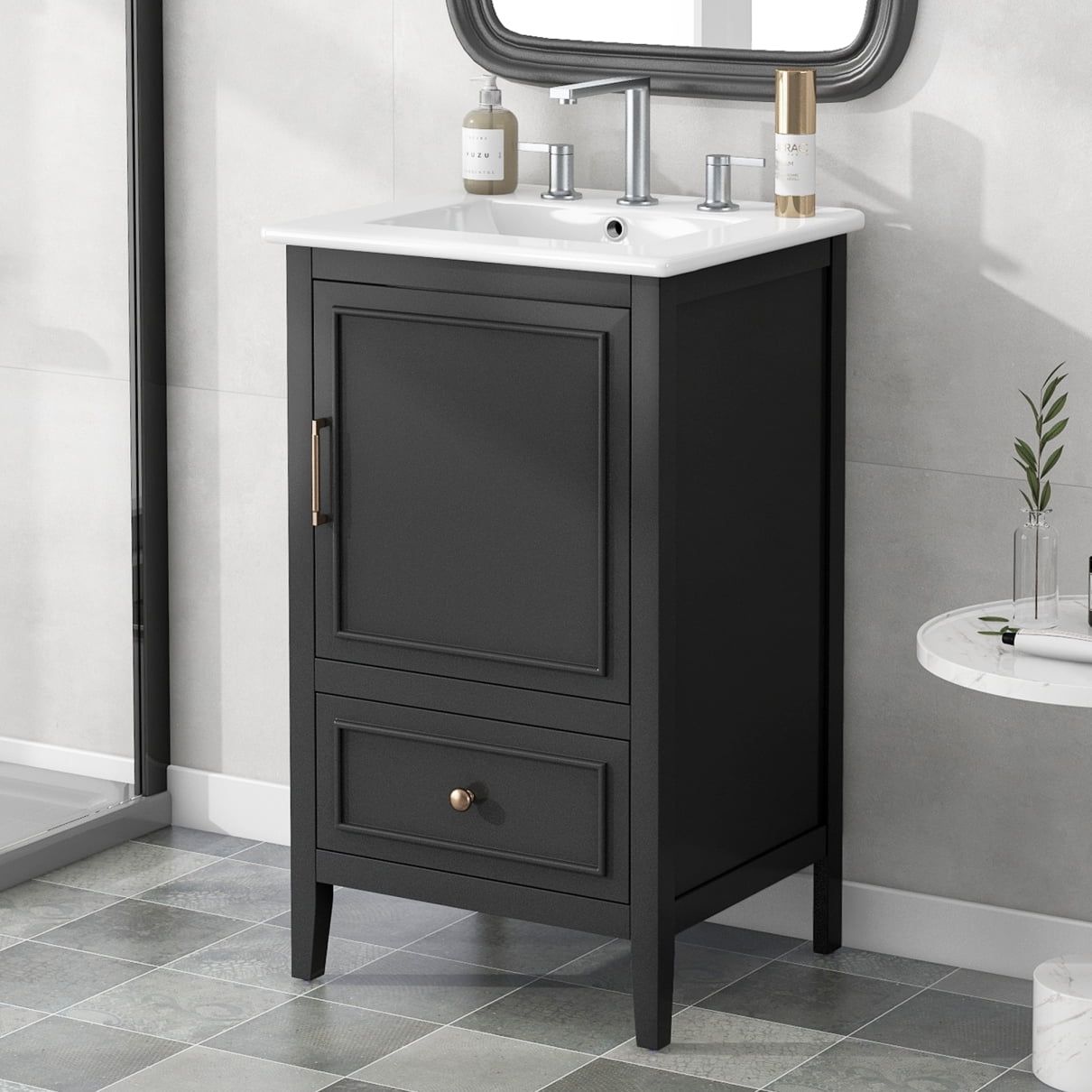 20" Black Freestanding Bathroom Vanity with Ceramic Sink