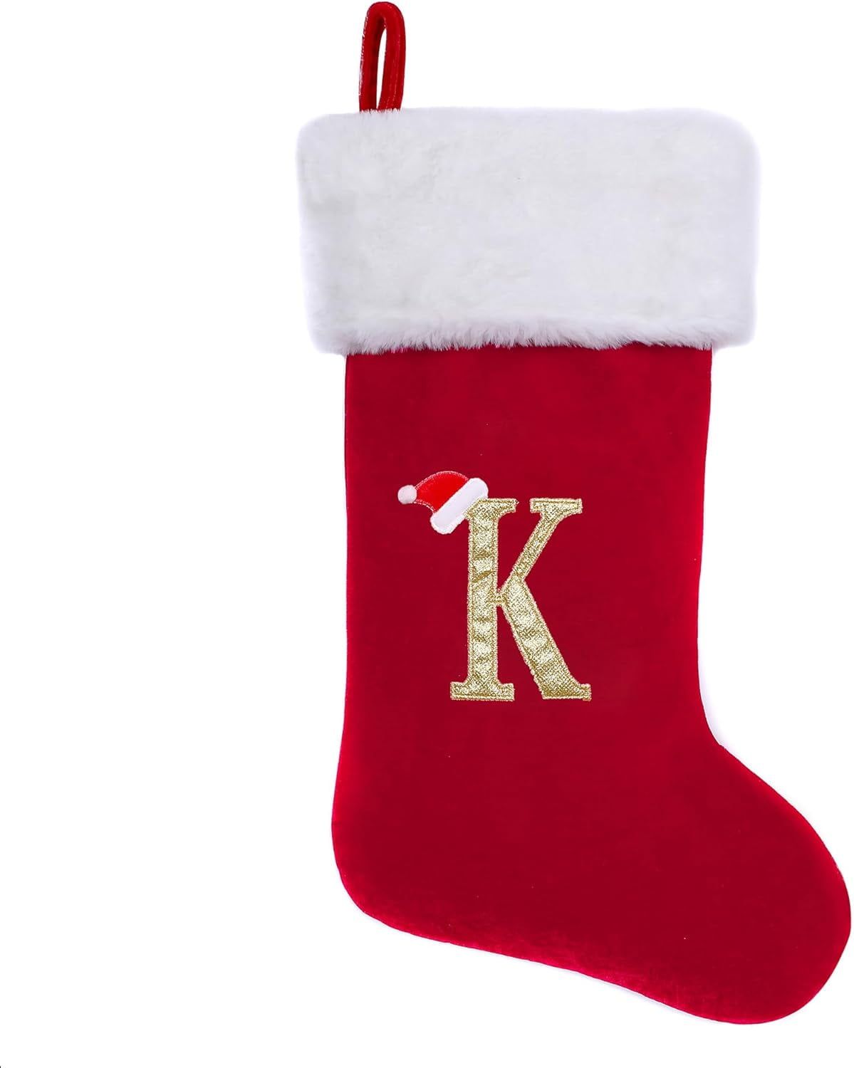 20-Inch Red Velvet Christmas Stocking with White Plush Cuff and Gold Monogram