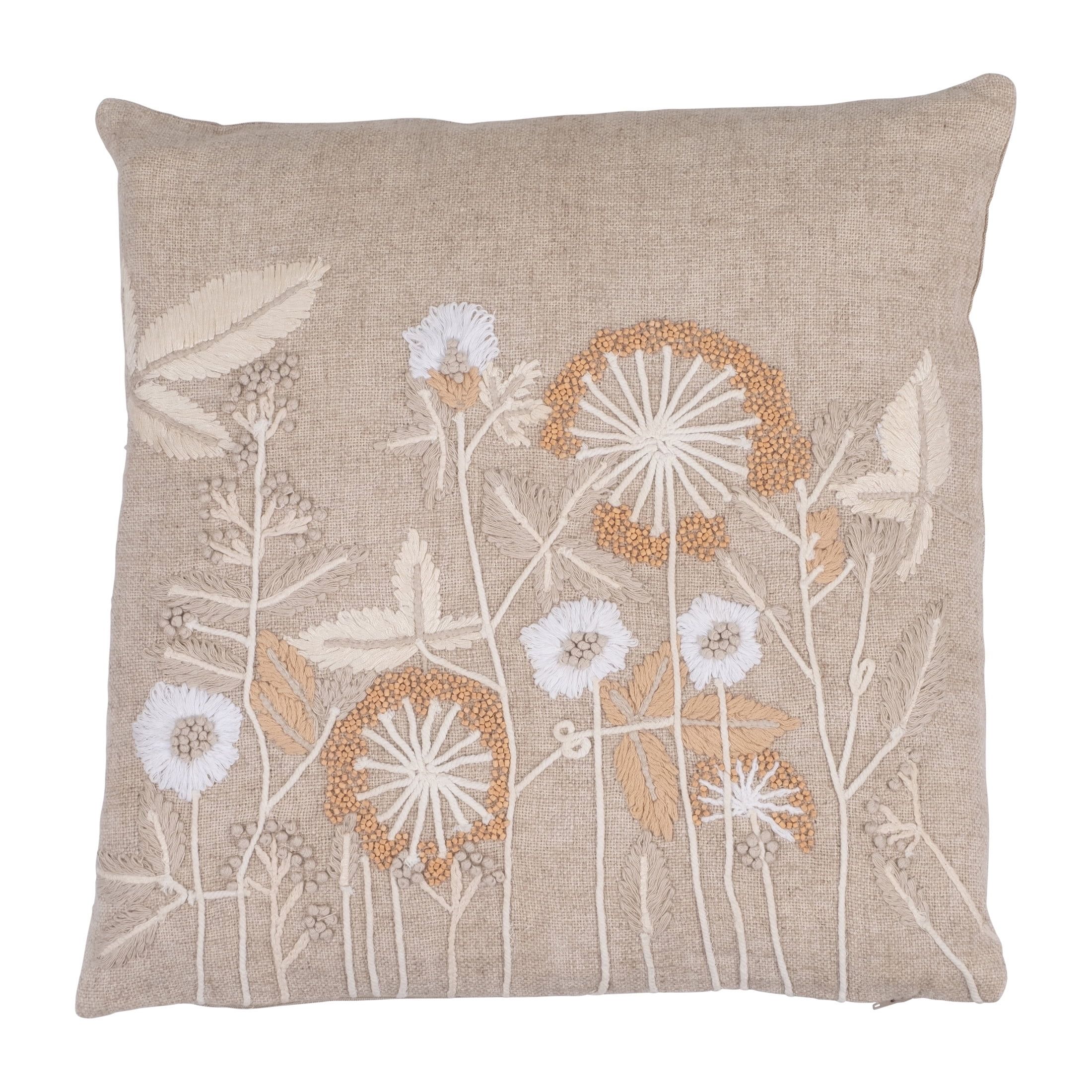 20'' Brown Cotton Floral Embroidered Decorative Pillow