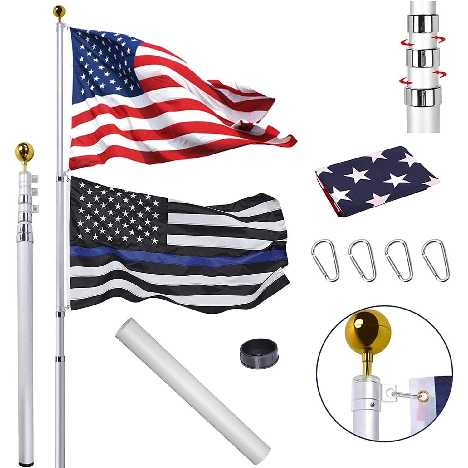 20 ft Telescopic Silver Aluminum Flagpole with American Flag and Gold Ball