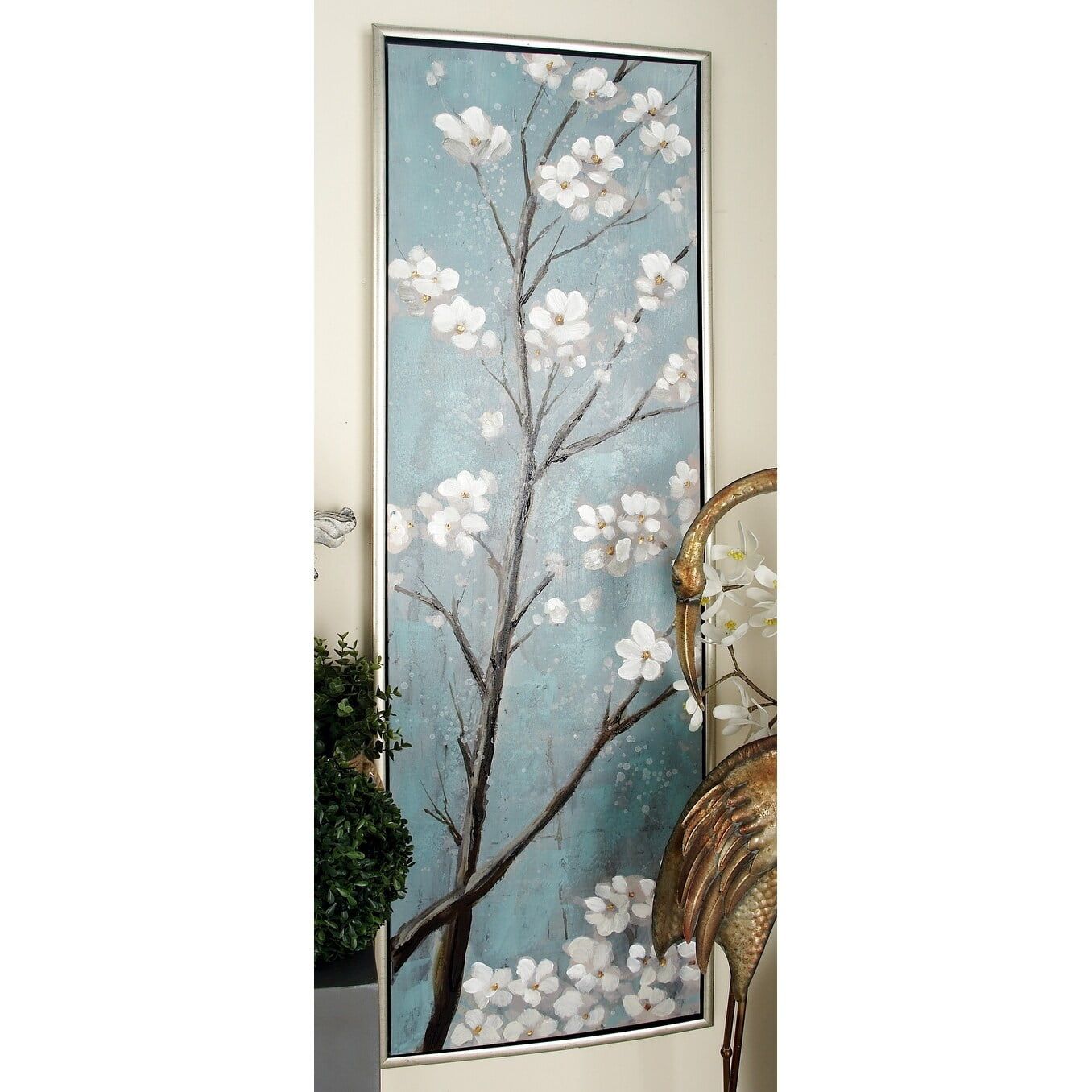 Teal and White Cherry Blossom Canvas Wall Art Set with Silver Frame