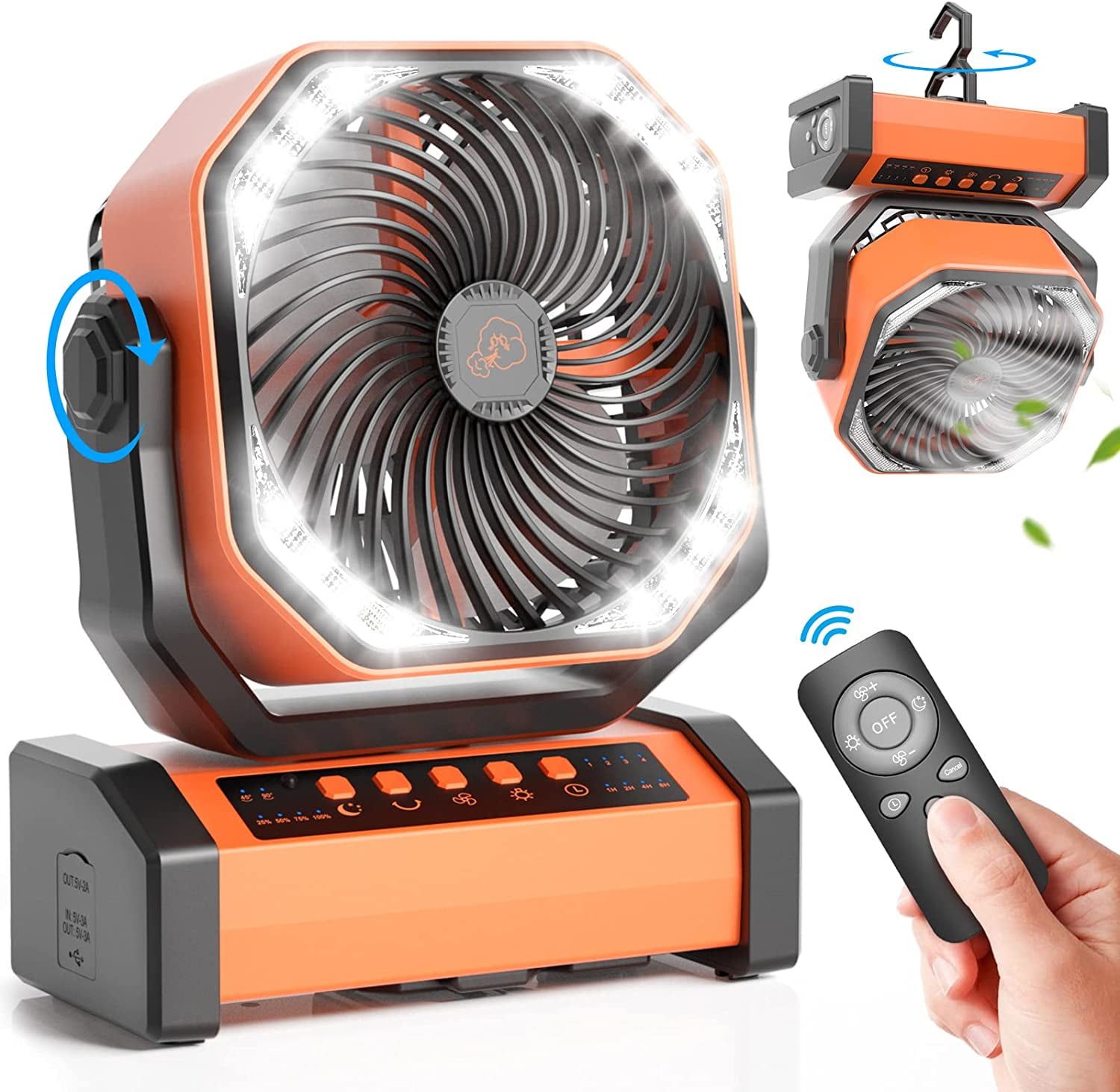 Orange Oscillating Desk Fan with LED Light and Remote