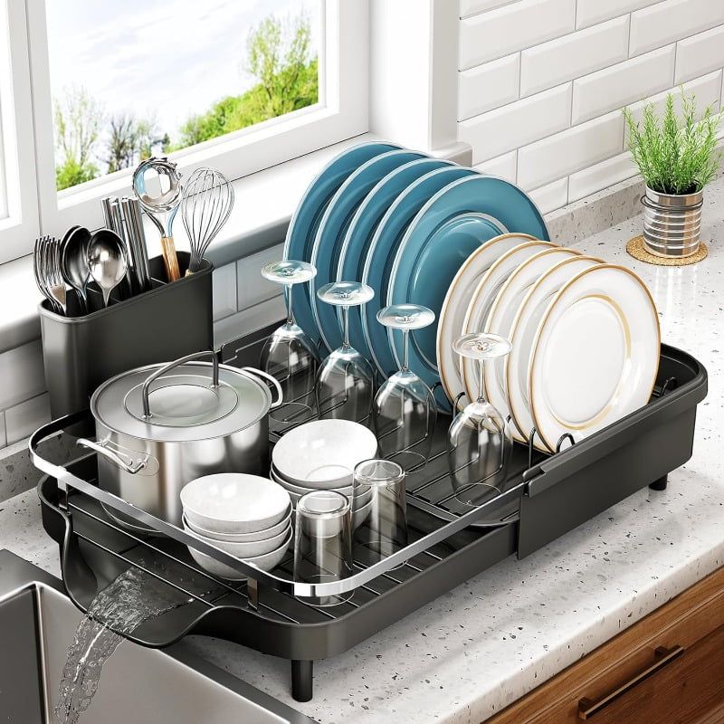 Expandable Black Stainless Steel Dish Drying Rack with Utensil Holder