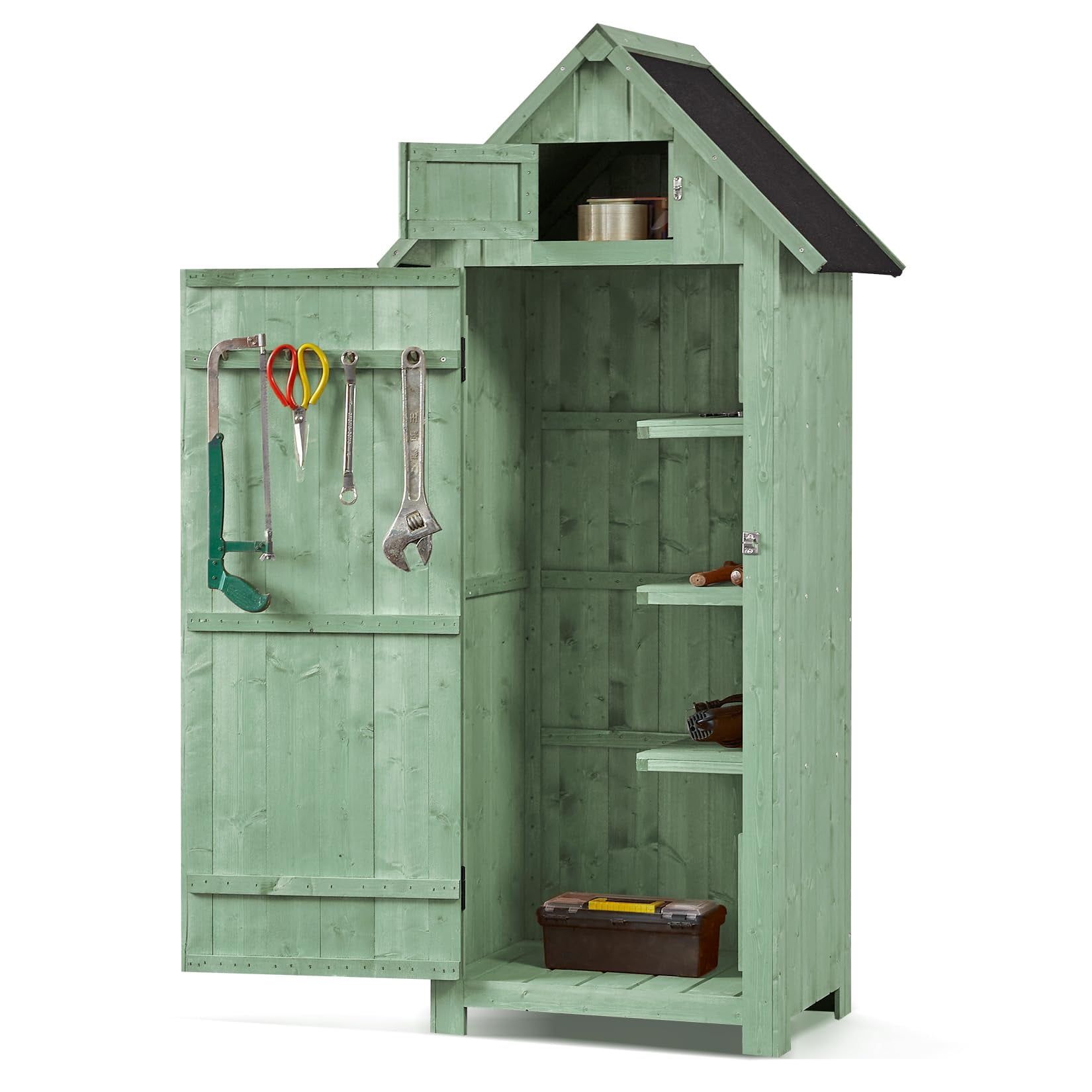 Green Fir Wood Outdoor Storage Shed with Shelves and Windows