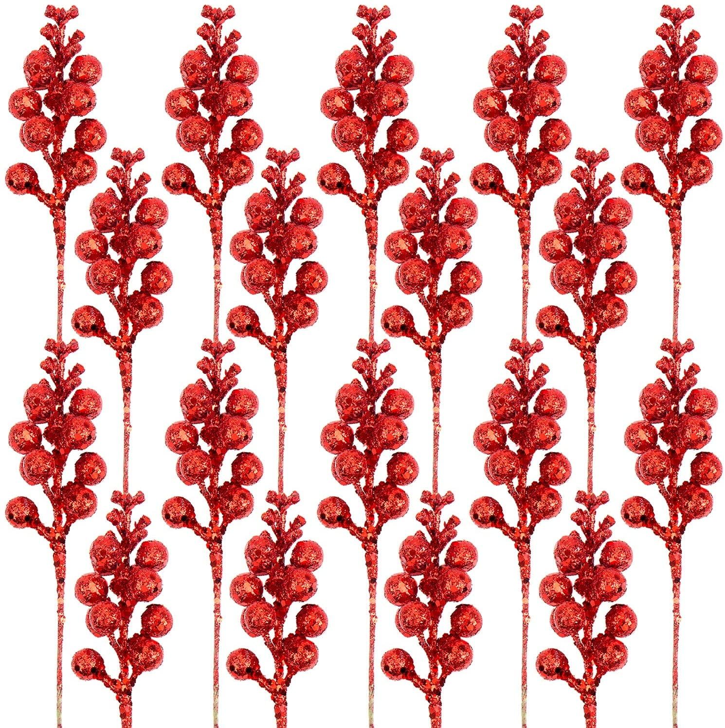 Red Glitter Artificial Berry Stems for Christmas Tree Decorations, 7.8 Inch, 20 Pcs