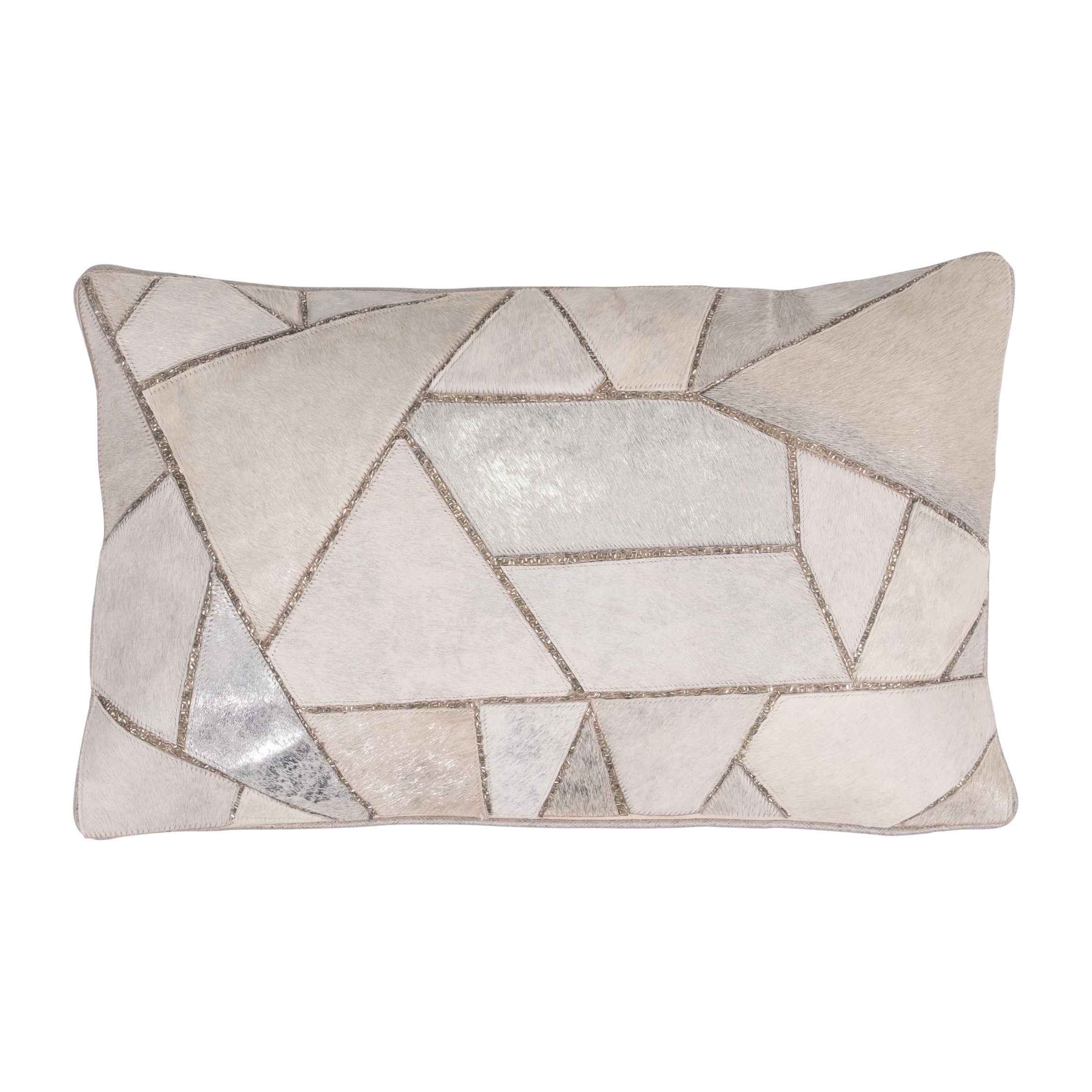 Silver Geometric Embroidered Leather Rectangular Pillow 20x12"