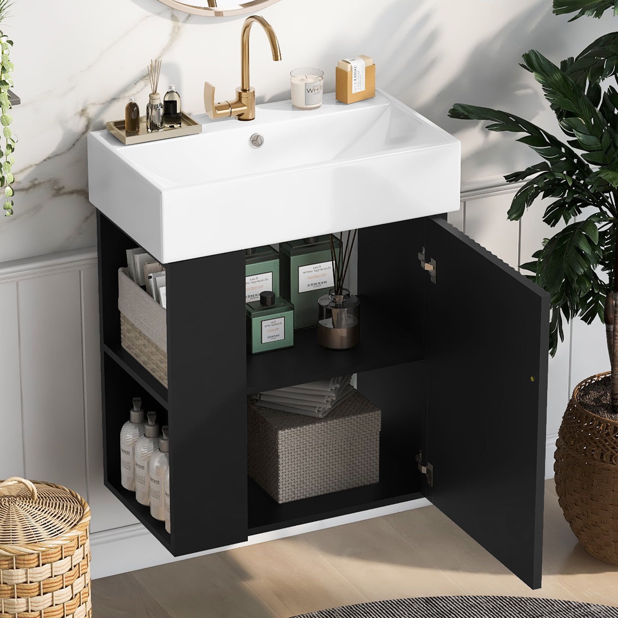 21.6 Inch Black Modern Floating Bathroom Vanity with Ceramic Basin and Side Storage