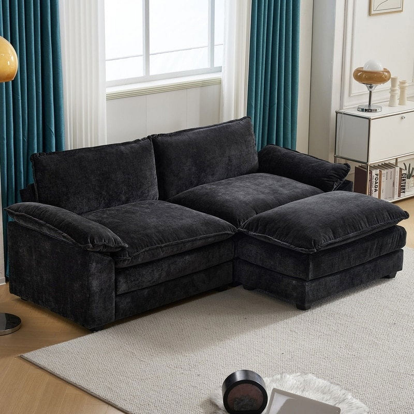 Black Chenille Two-Seater Sofa with Ottoman