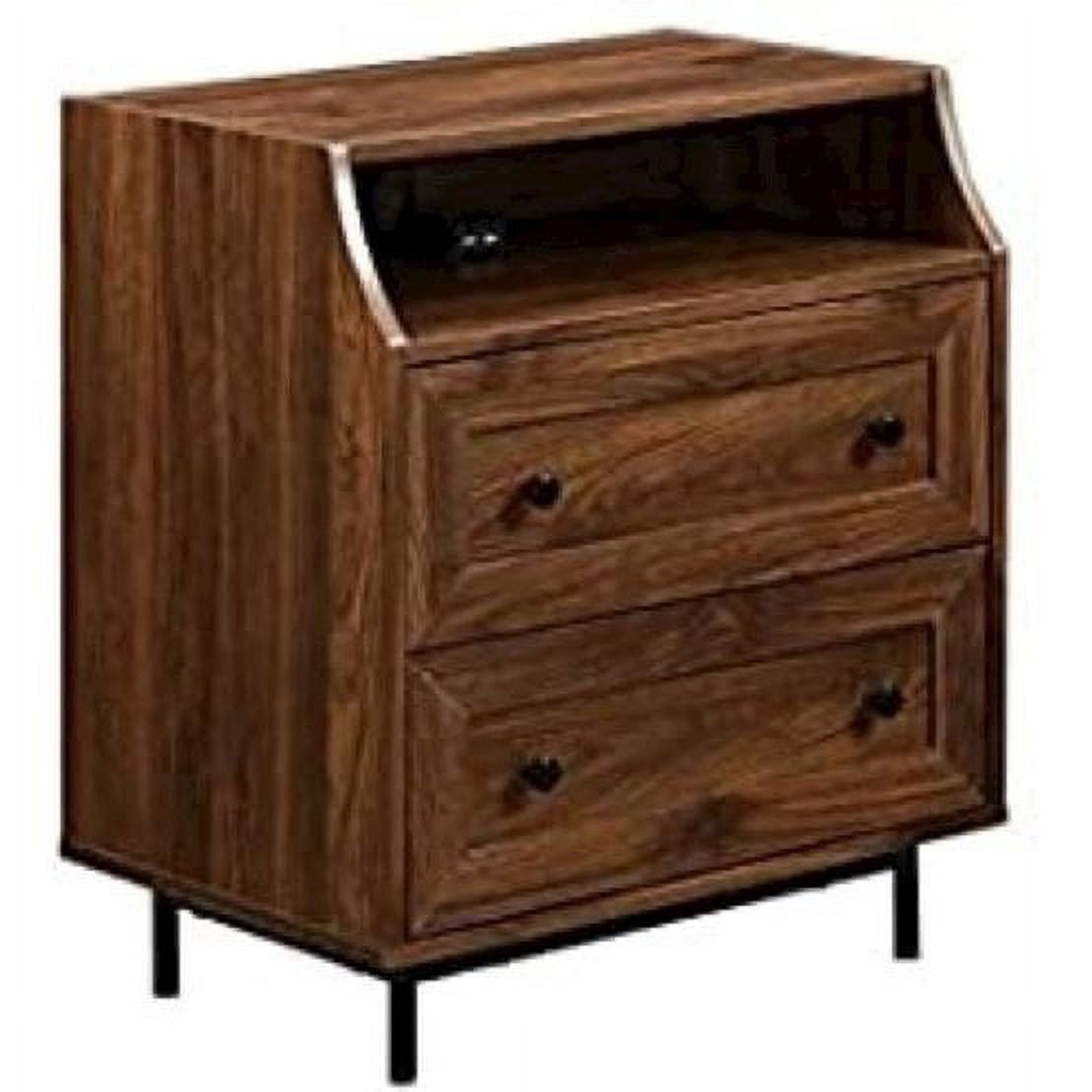 Modern Walnut 2-Drawer Nightstand with Curved Top & USB Port