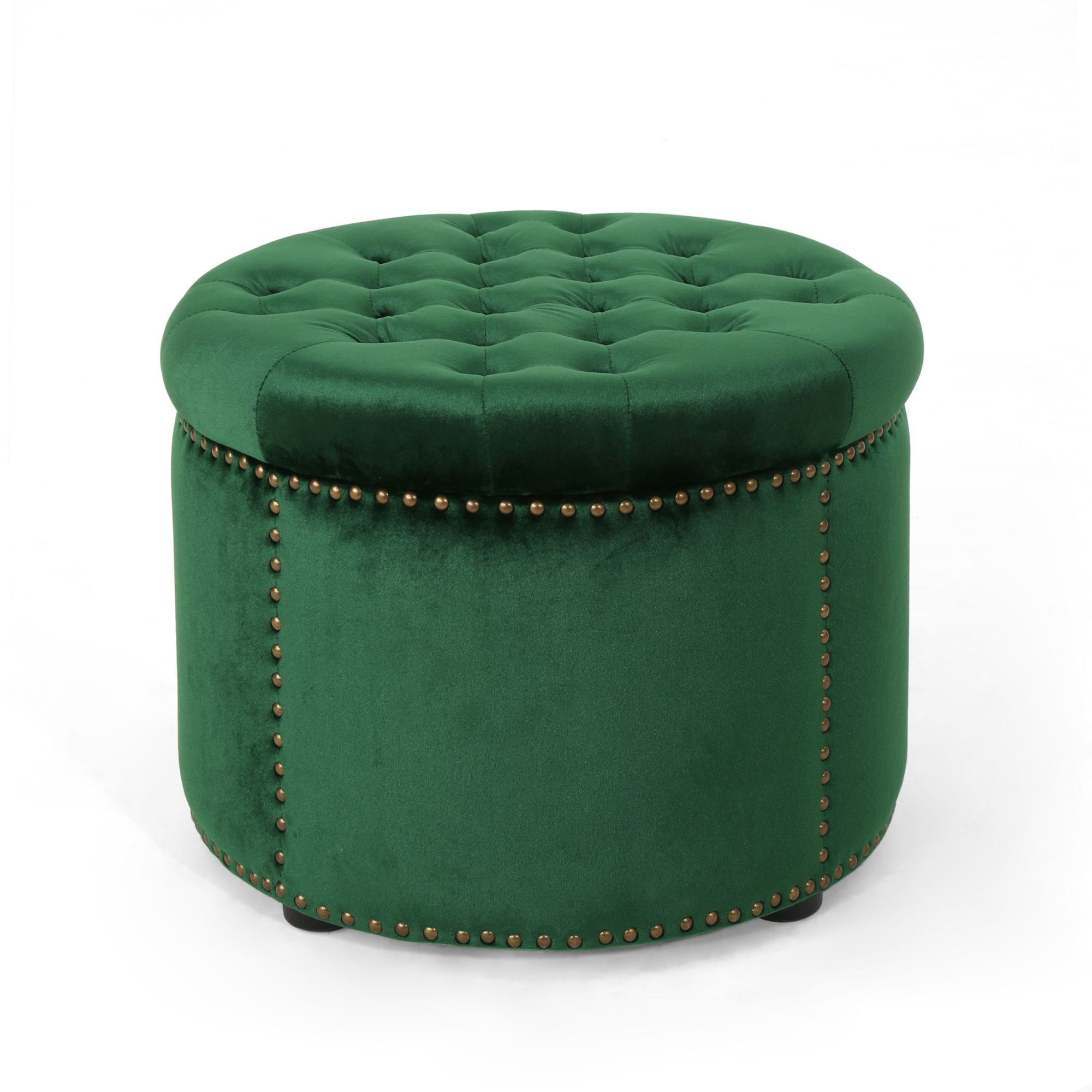 Emerald Green Velvet Tufted Round Accent Ottoman with Studded Detail