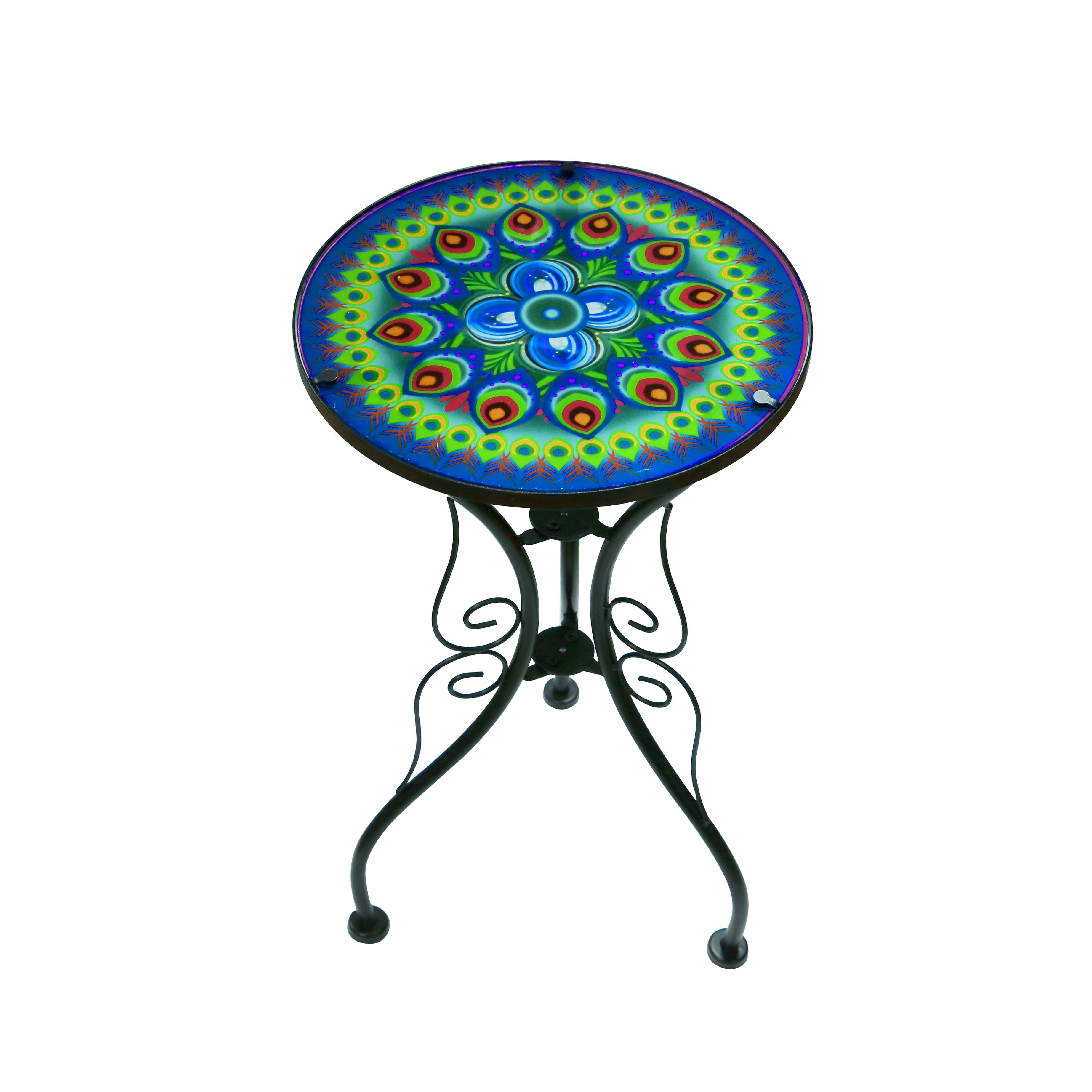 22" Vibrant Peacock Design Glass and Metal Side Table