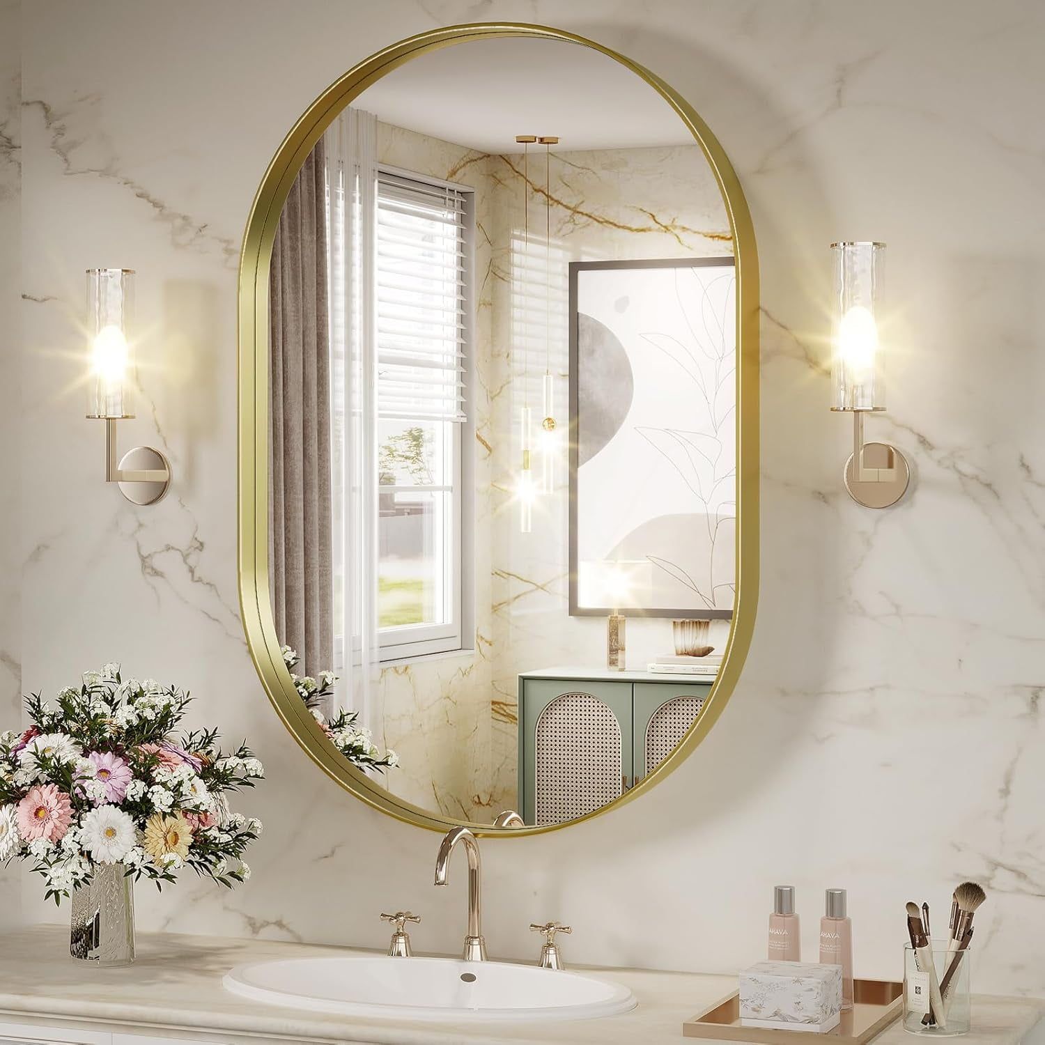 Elegant Gold Oval Metal Frame Wall Mirror 22x30