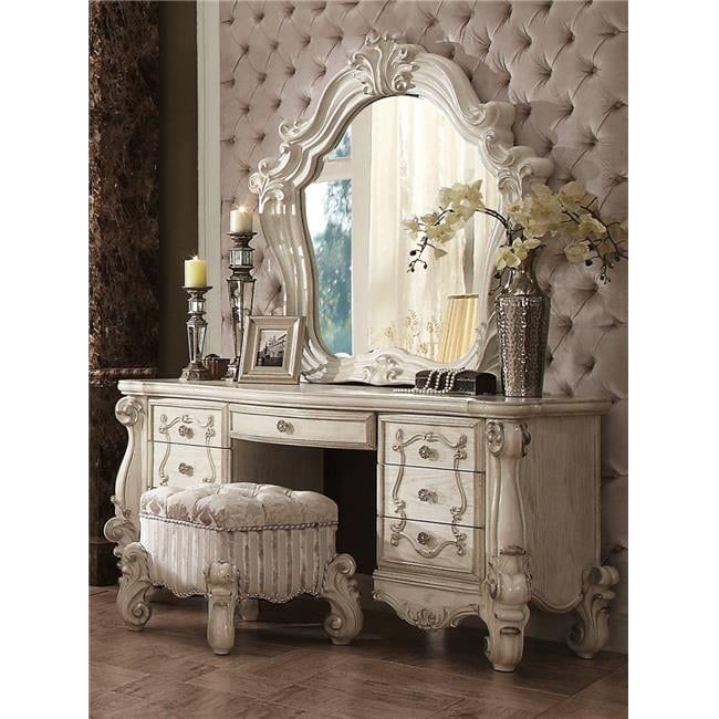 Ivory Fabric Vanity Stool with Bone White Wood Finish
