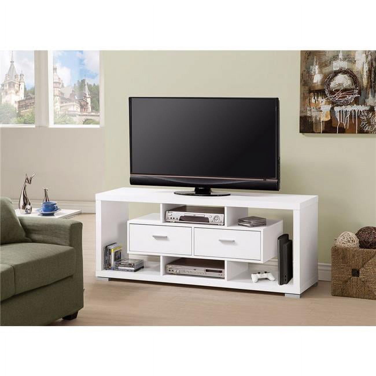 Sleek White Wood TV Console with Open Shelves and Storage Drawers