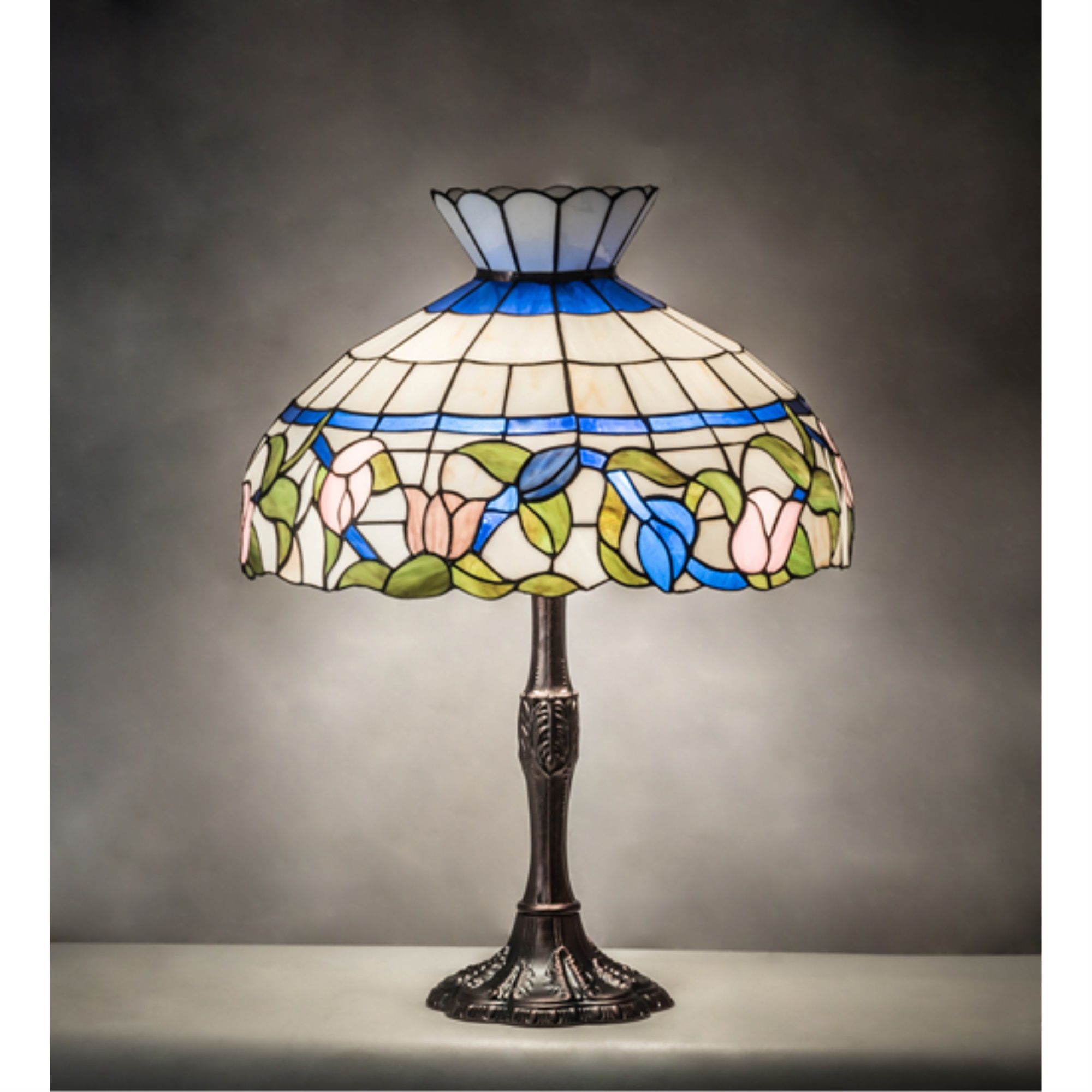 Mahogany Bronze Stained Glass Table Lamp with Floral Design