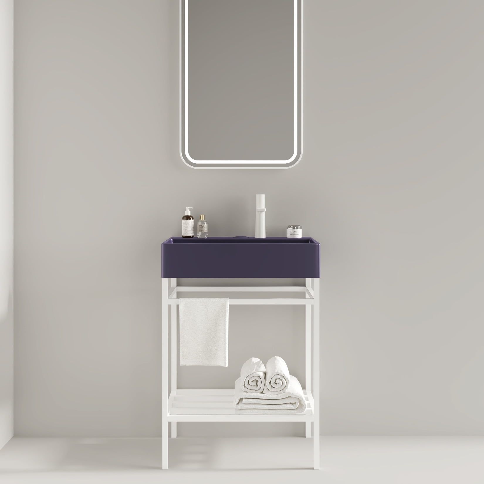 24" Glossy Purple Ceramic Basin Freestanding Bathroom Vanity with White Metal Frame