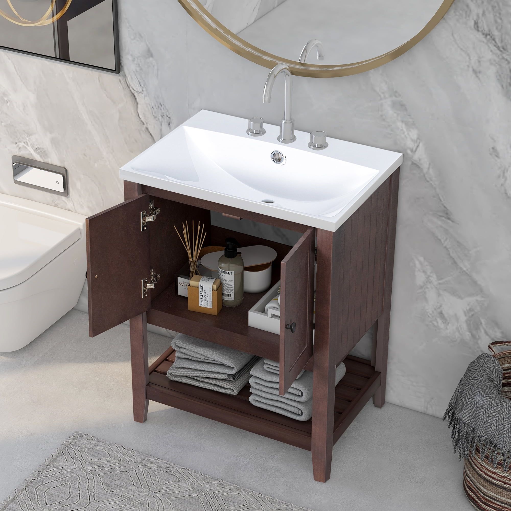 24" Brown Solid Wood Freestanding Bathroom Vanity with Ceramic Sink