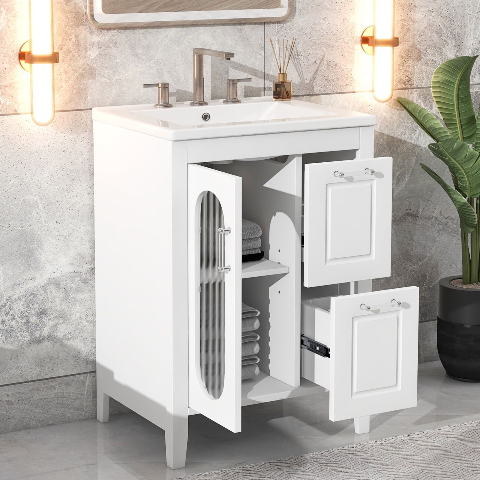 24" White Rubberwood and MDF Freestanding Bathroom Vanity with Sink