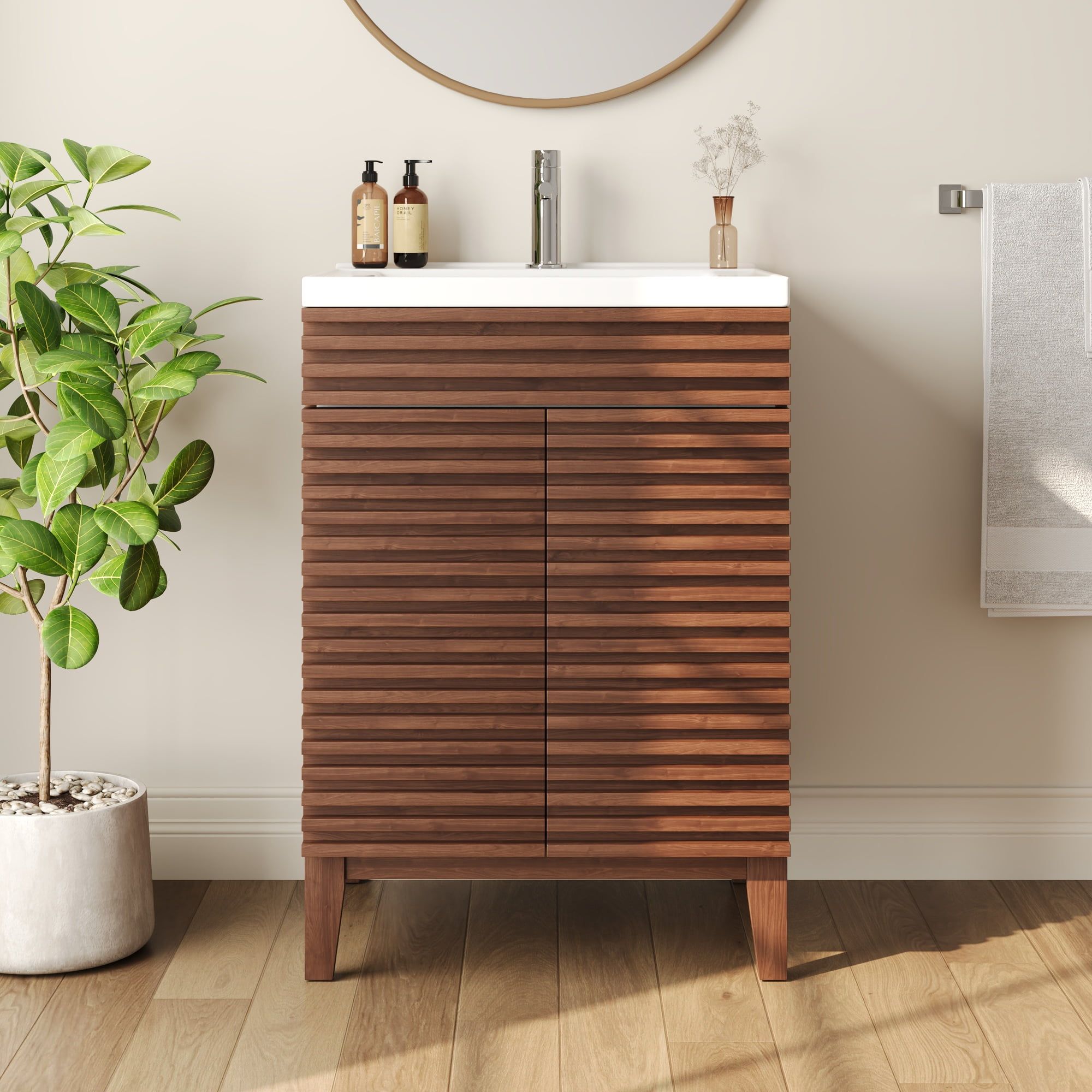 24" Walnut Freestanding Bathroom Vanity with Ceramic Sink