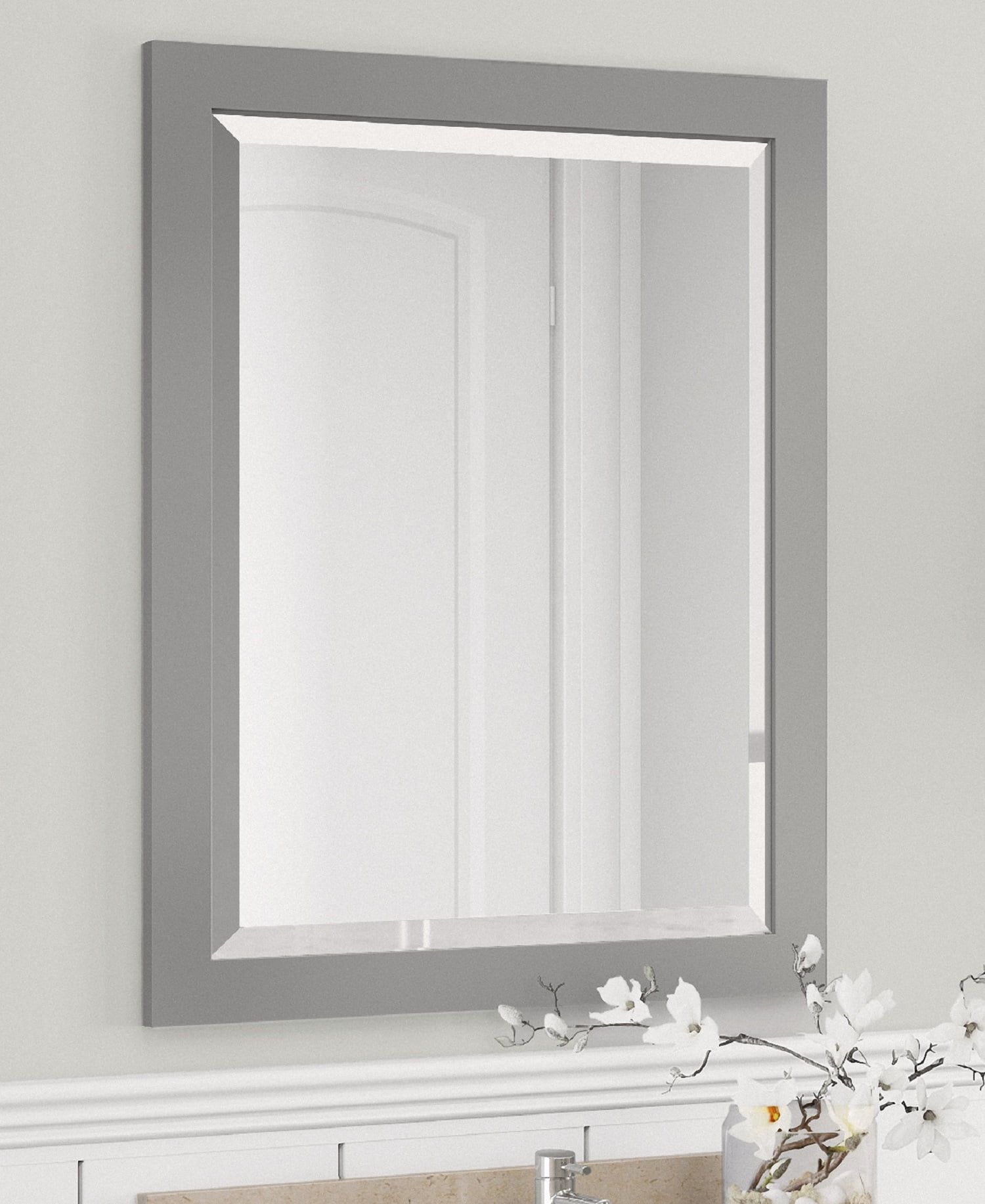 Sleek Gray Wood Framed Beveled Bath Vanity Mirror 24"x30"