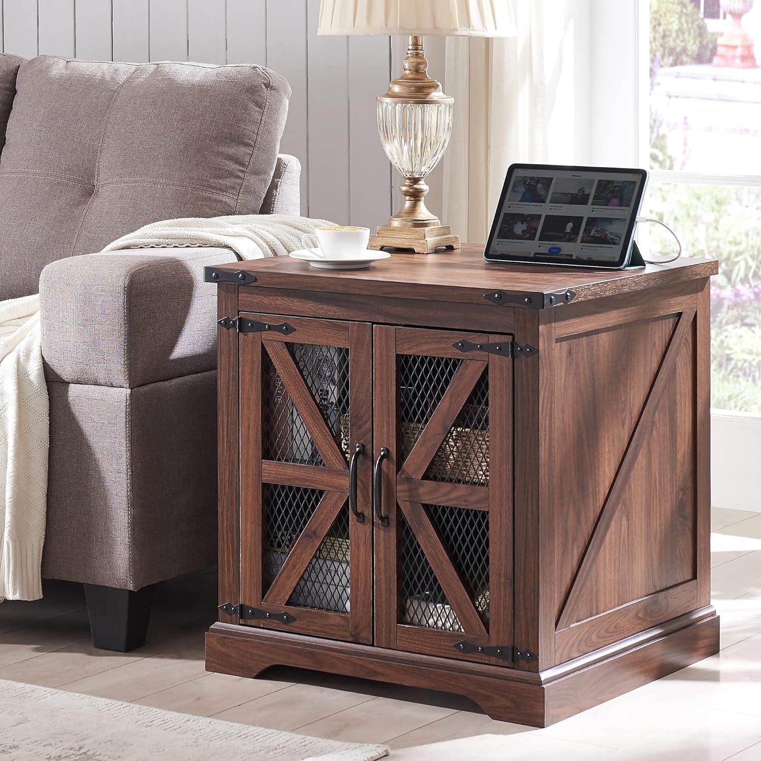 24'' Rustic Brown Farmhouse End Table with Charging Station and Storage