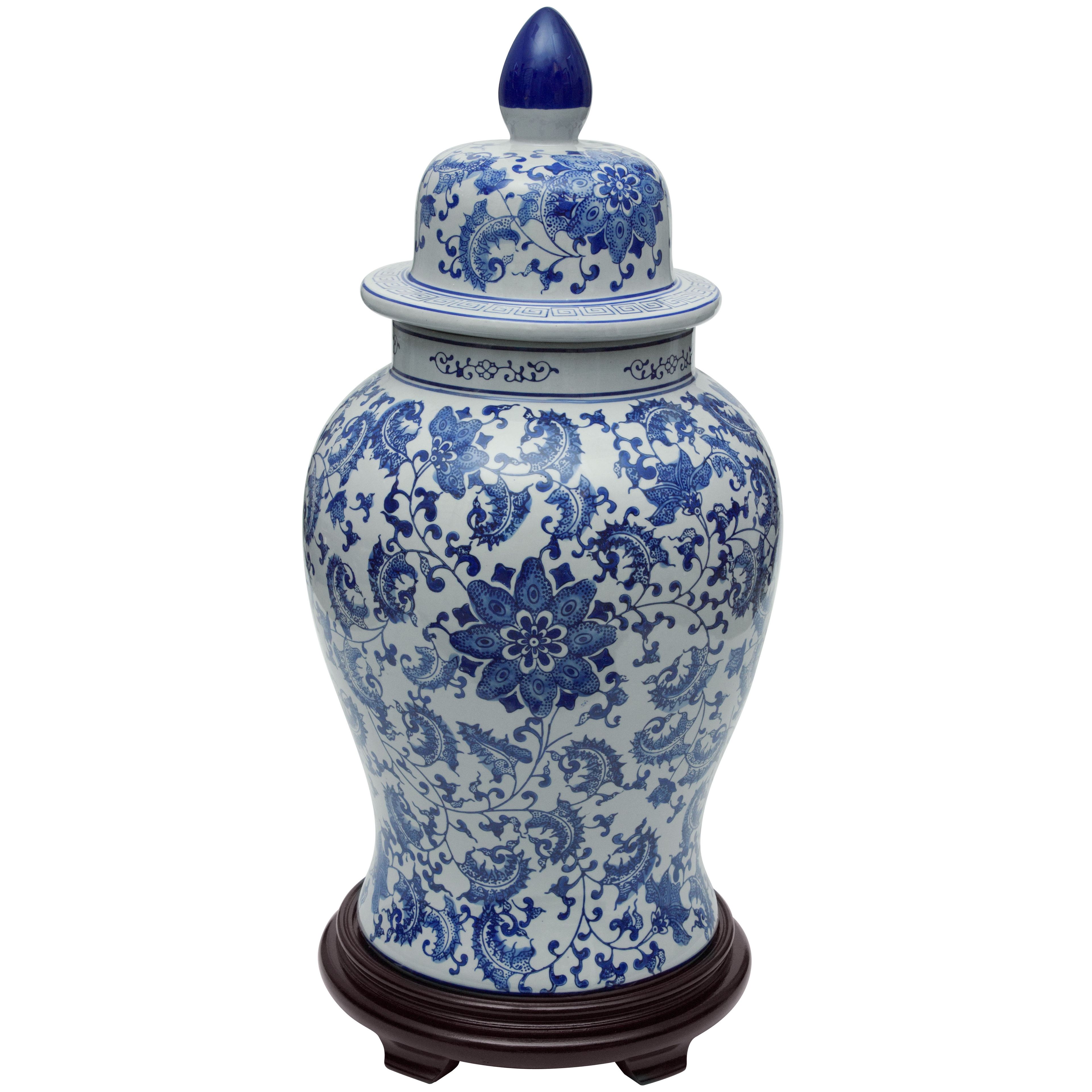 24" Blue and White Floral Porcelain Temple Jar