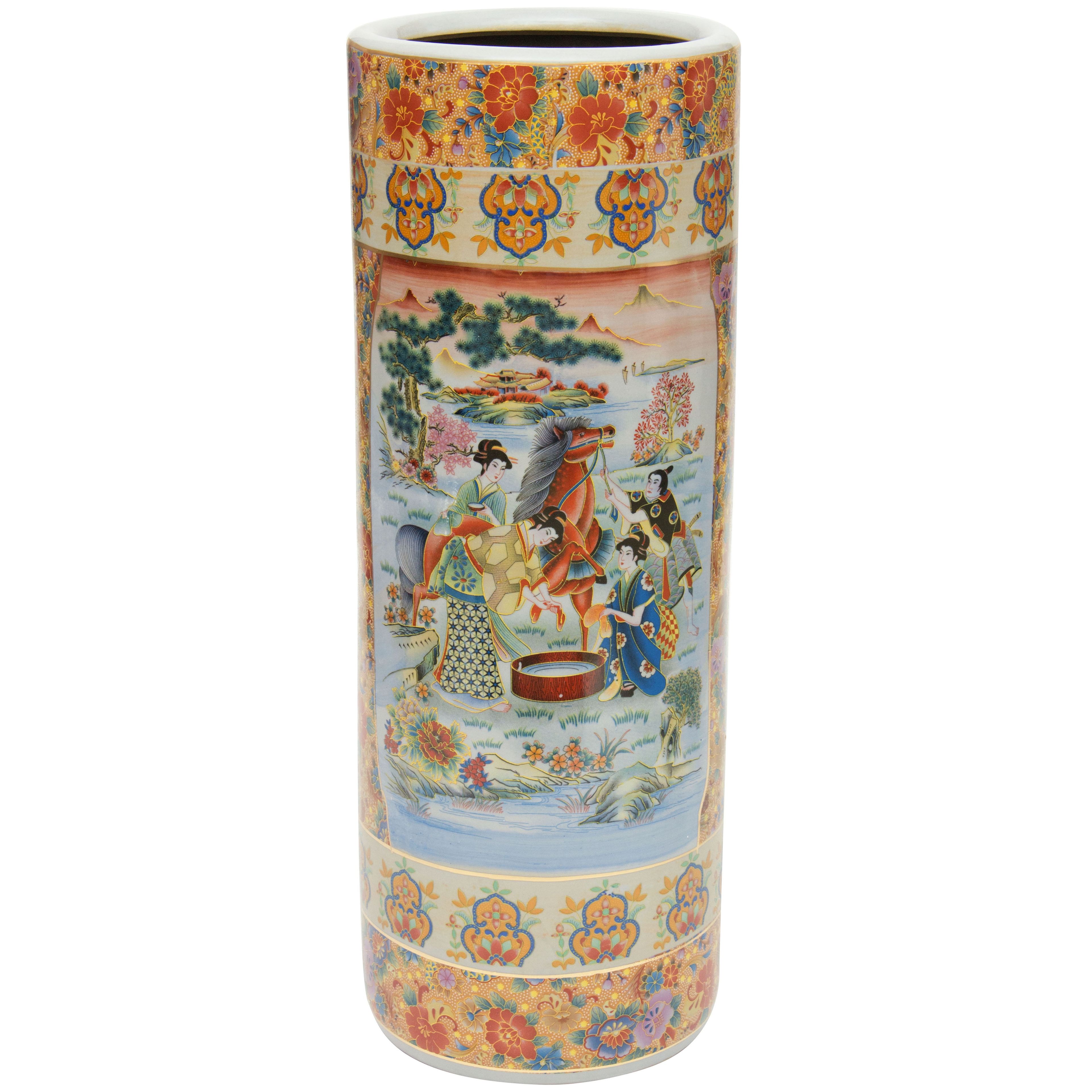 24" Multicolor Porcelain Umbrella Stand with Ladies and Horse Design