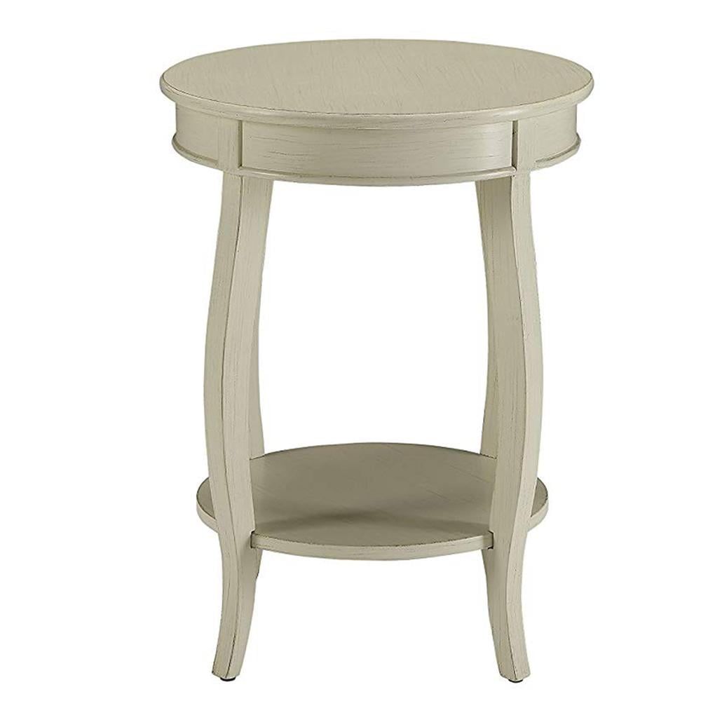 Elegant Antique White Round Wood Side Table with Open Shelf