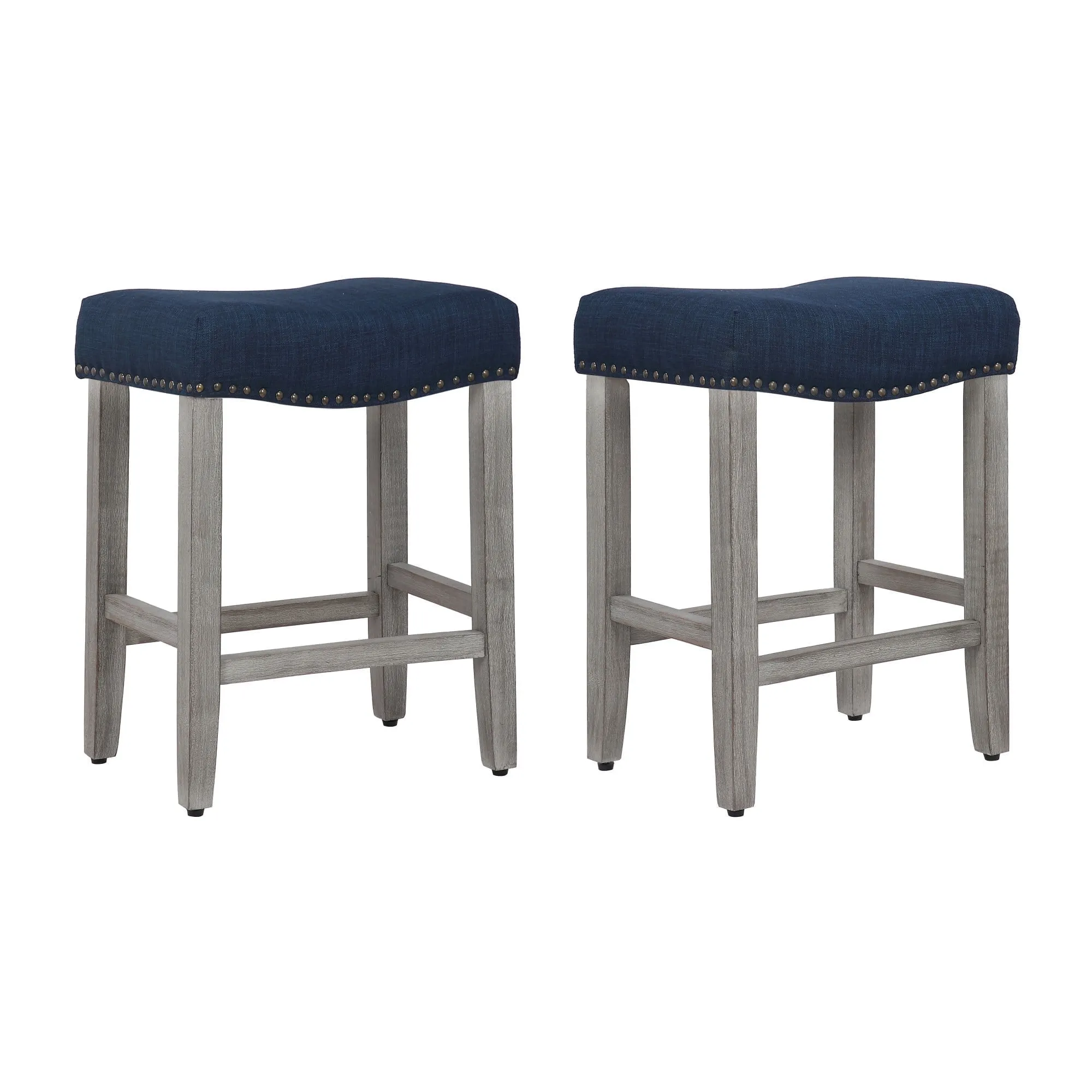 Antique Gray and Navy Blue Saddle Style Wood Bar Stool, 24"