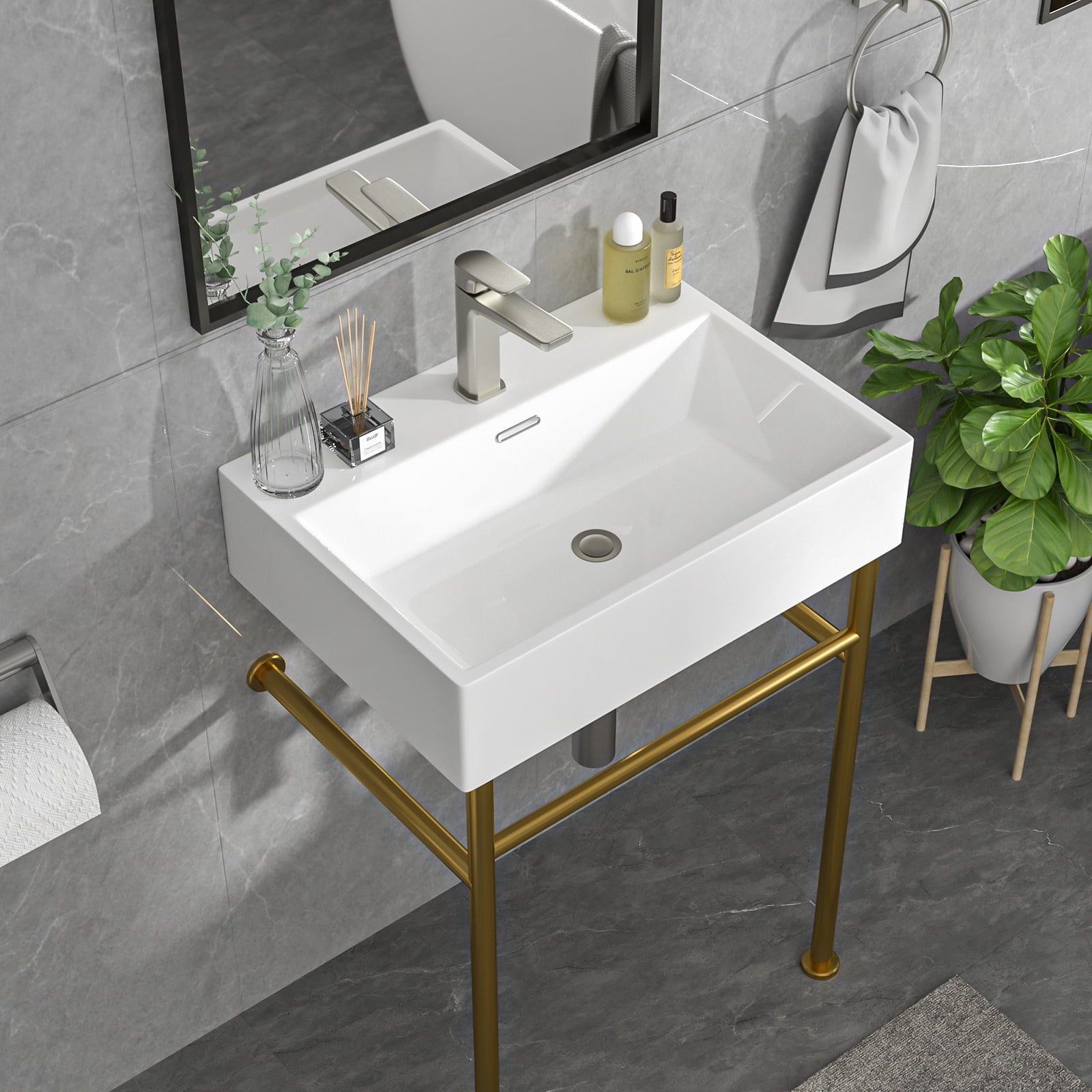 24 Inch White Ceramic Console Sink with Gold Metal Legs