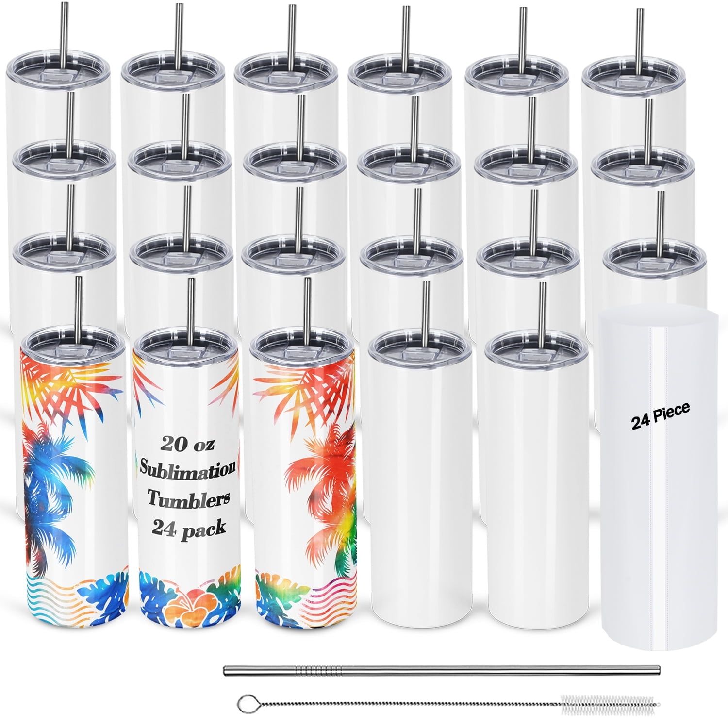 20 oz White Stainless Steel Insulated Travel Tumblers with Lids and Straws, 24 Pack