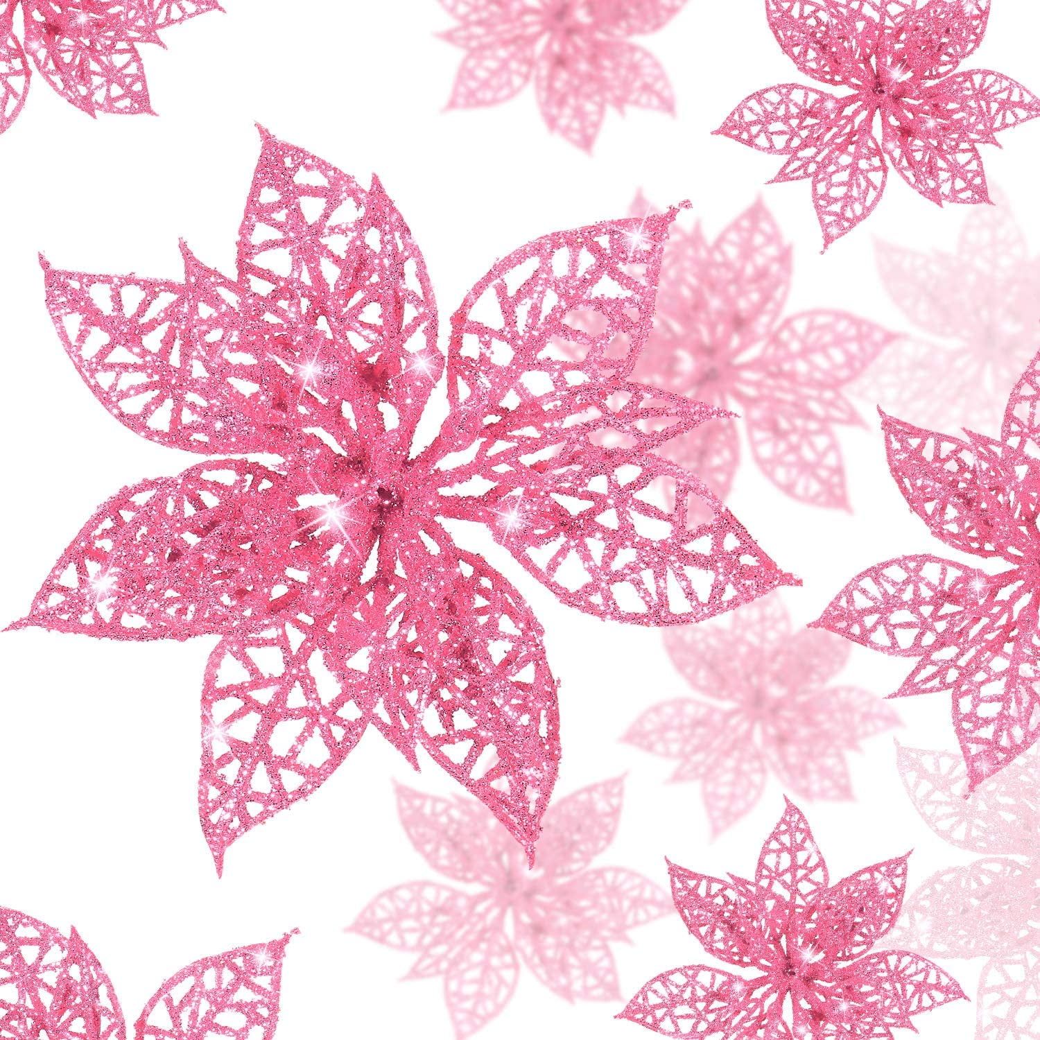 24 Pcs Pink Glitter Poinsettia Christmas Tree Ornaments