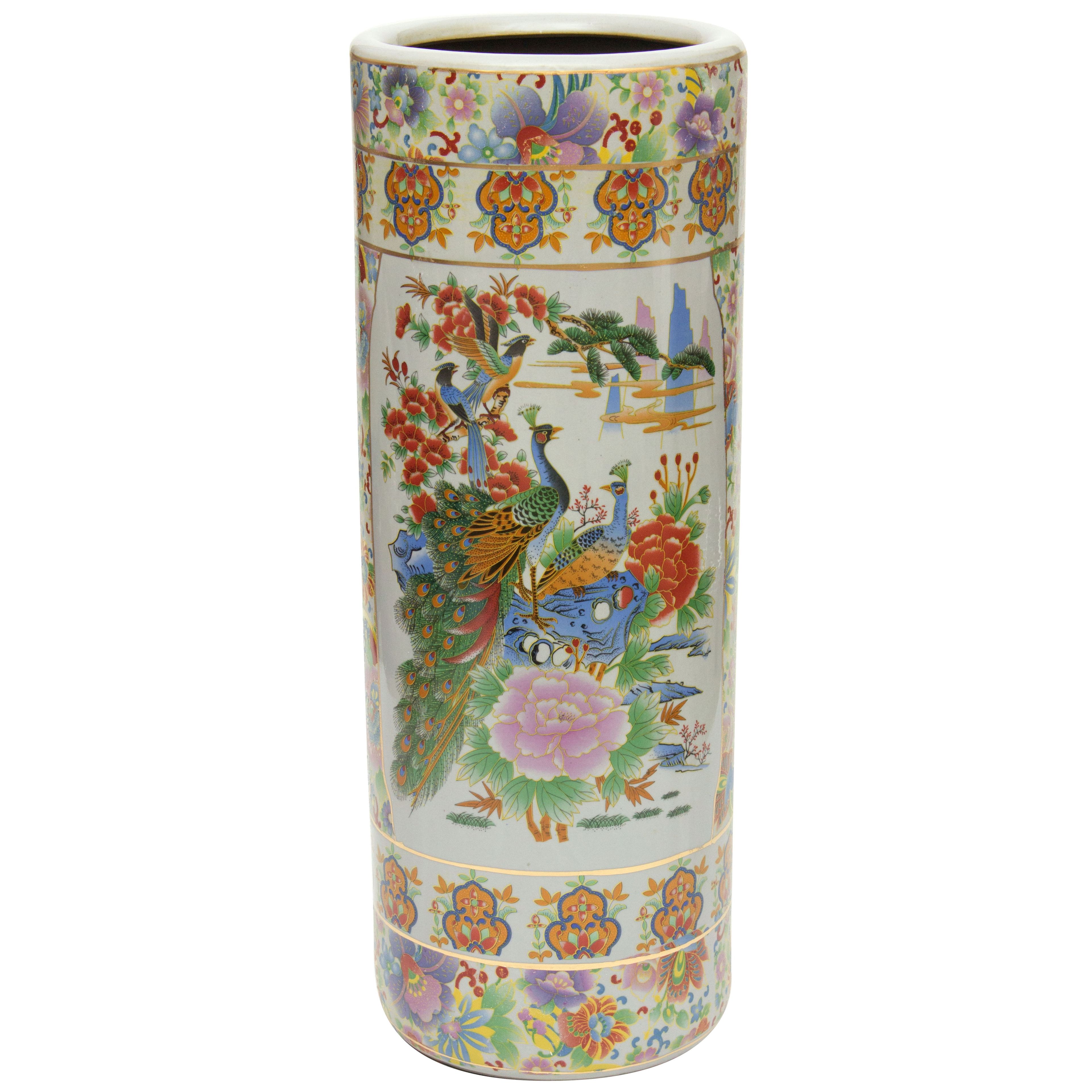 24" White Porcelain Peacock and Floral Umbrella Stand