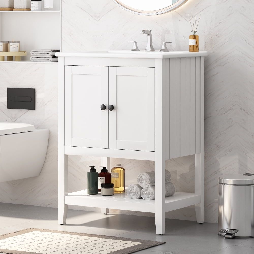 24" White Solid Wood Bathroom Vanity with Ceramic Sink