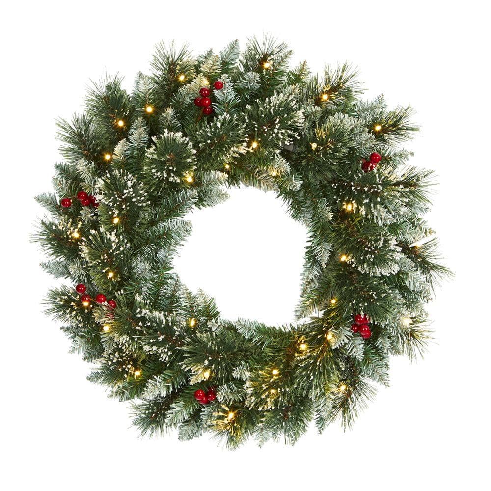 24-Inch Frosted Pine Wreath with LED Lights and Berries