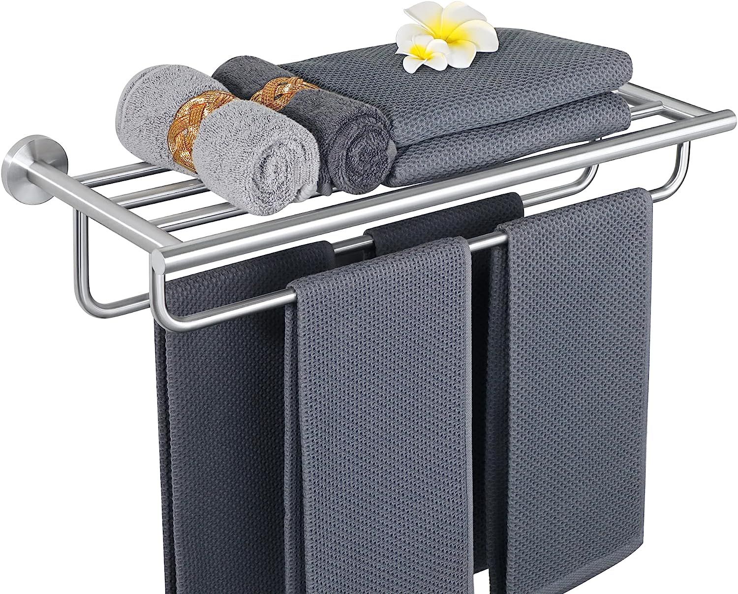 Brushed Nickel Wall Mounted Double Towel Rack with Shelf