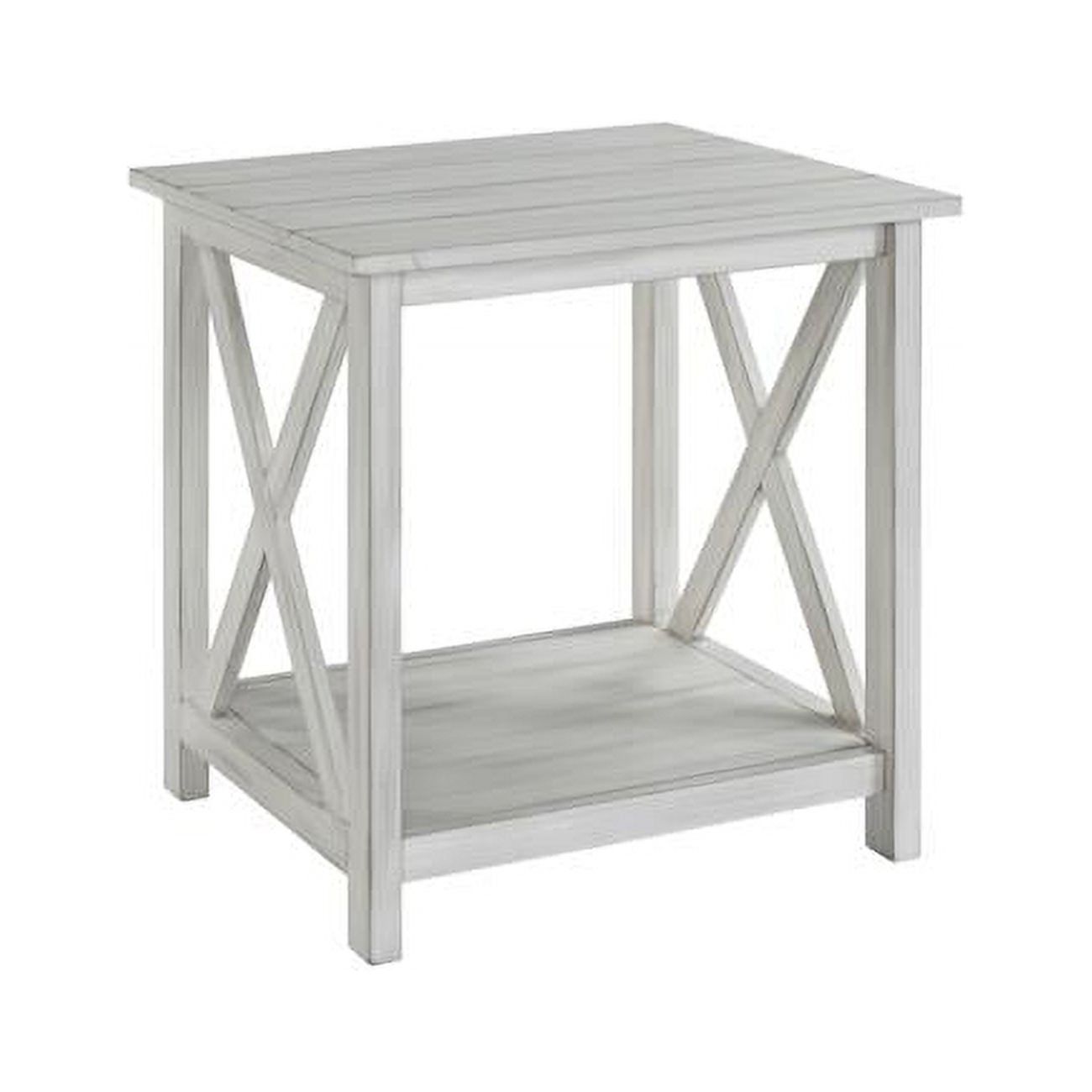 Farmhouse Plank-Top End Table with X-Shaped Accents - Washed White